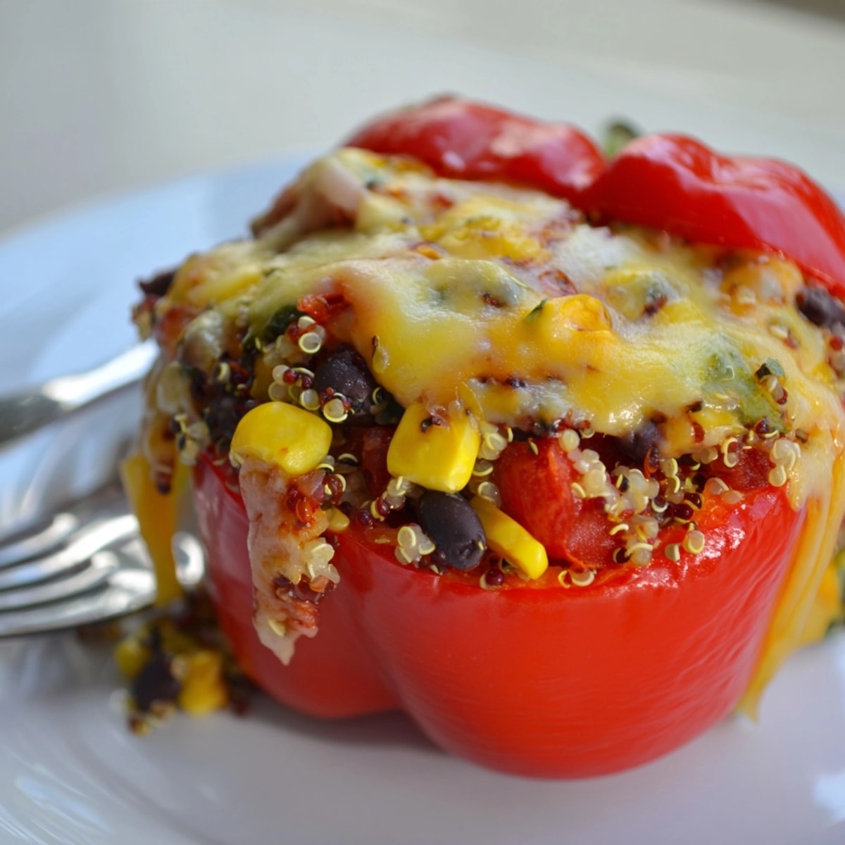 Golden Veggie-Packed Stuffed Peppers, warm and cheesy, ready for a satisfying dinner.