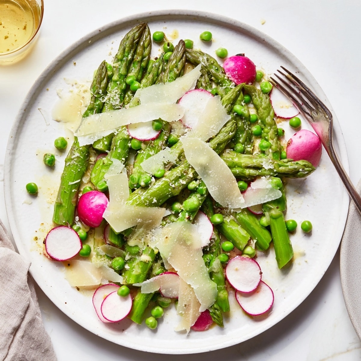 Close-up of Spring Asparagus Salad—see tender asparagus, colorful radishes, light parmesan.