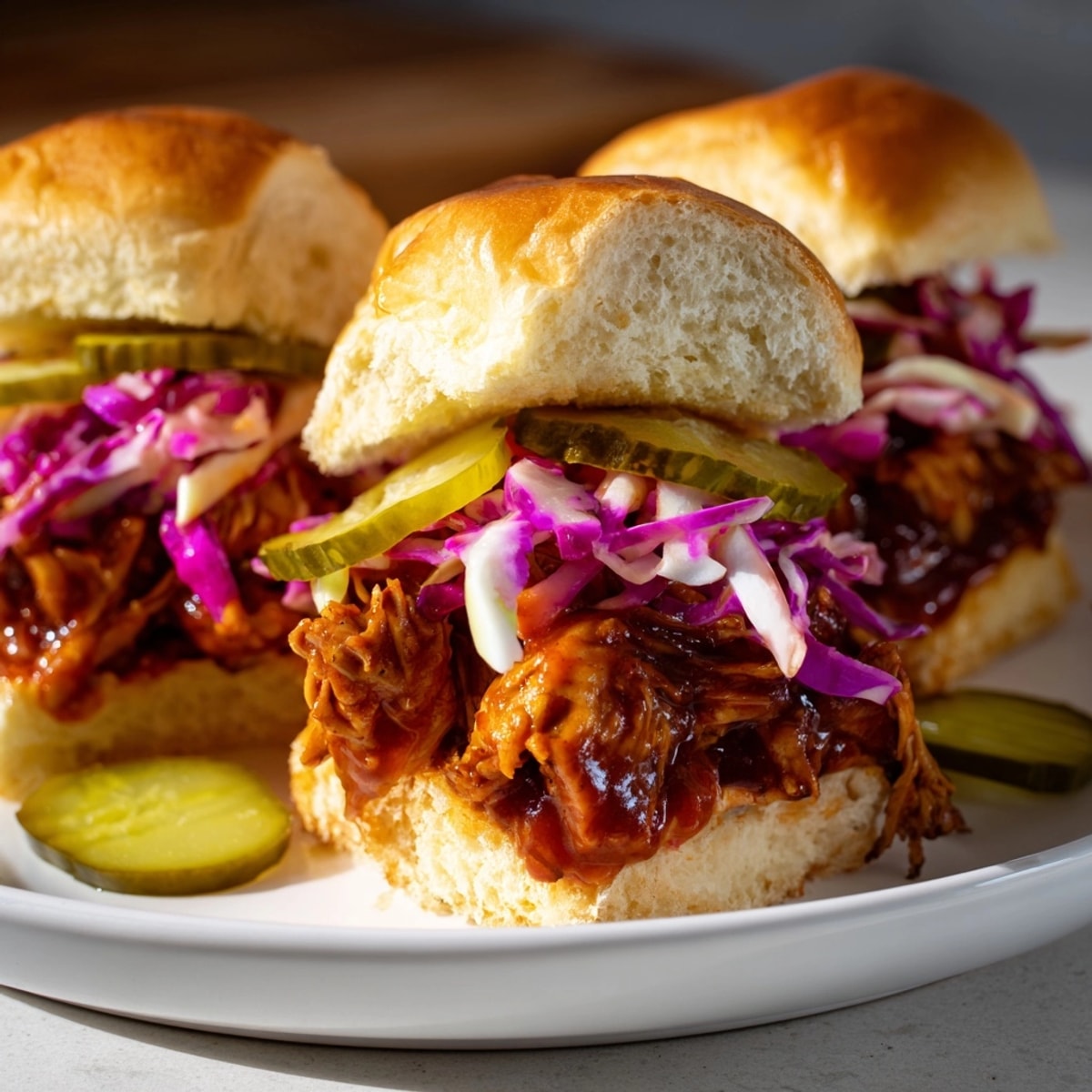 BBQ Chicken Sliders: Tangy, smoky BBQ chicken filling small, soft slider buns, ready to eat.