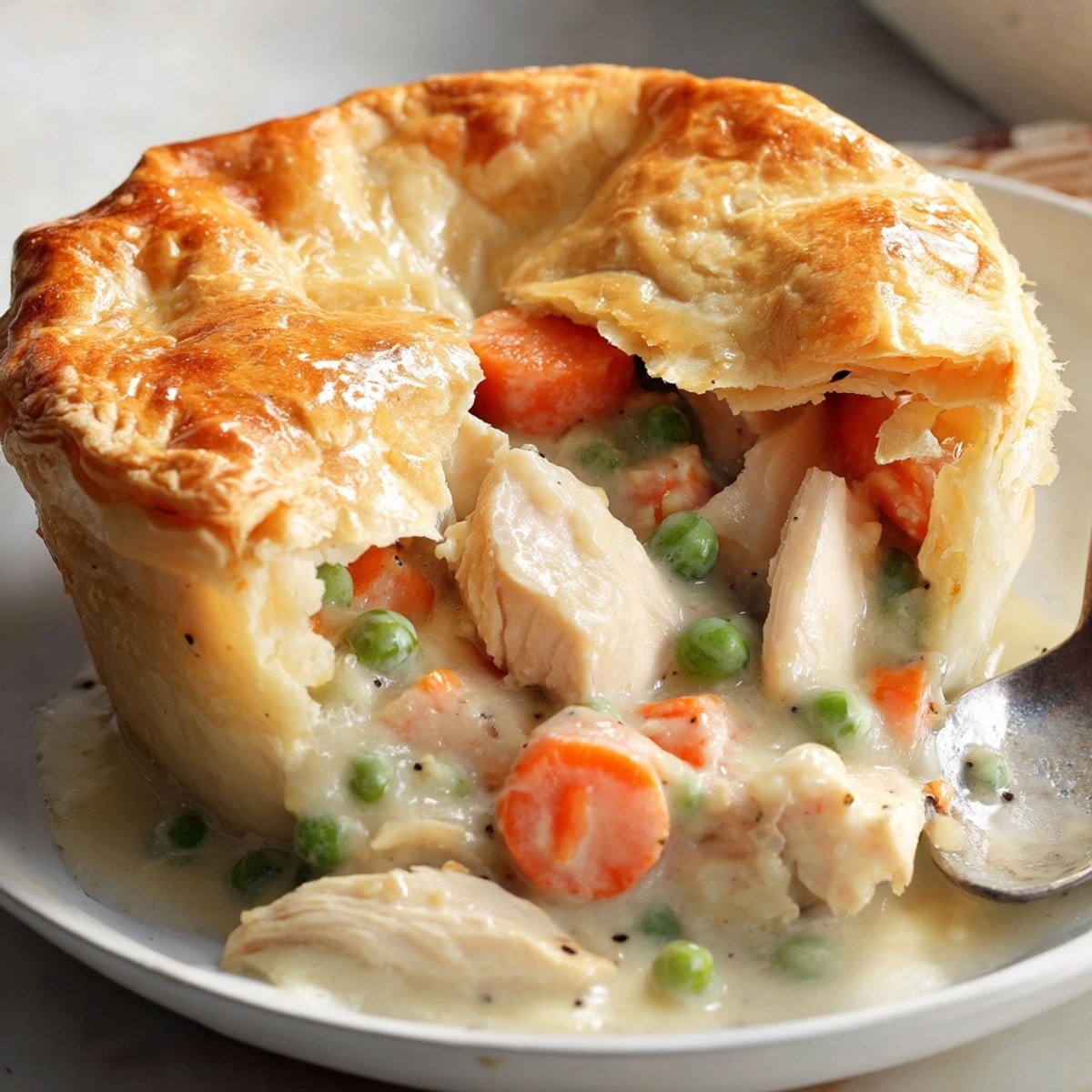 Golden-brown Classic Chicken Pot Pie with flaky crust, ready to serve warm.