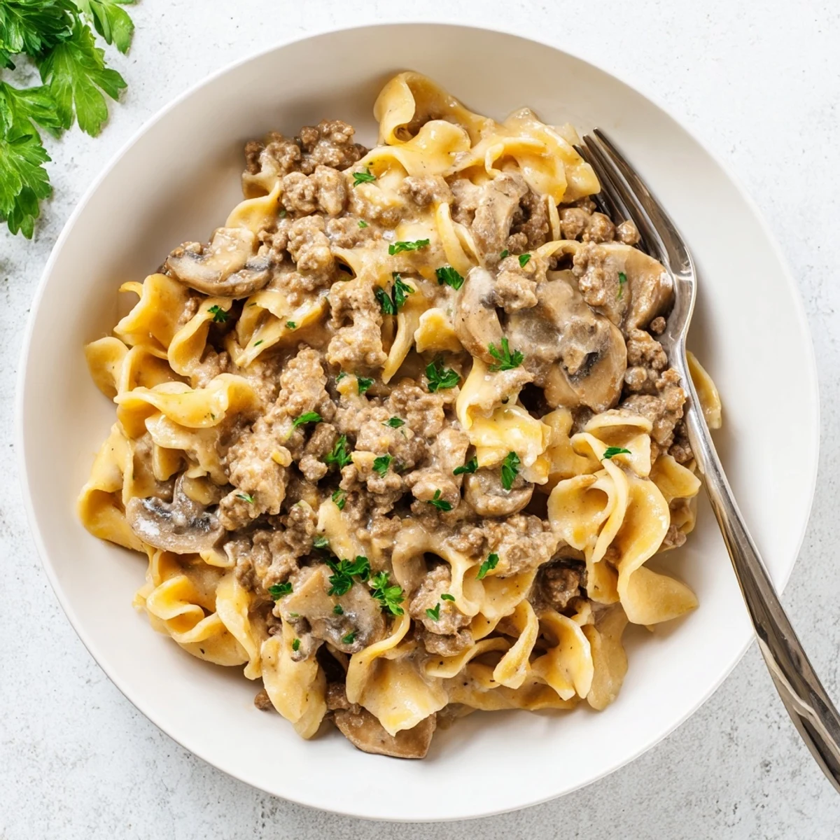 Hearty taco seasoned ground beef stroganoff with tender egg noodles and mushrooms for added texture.