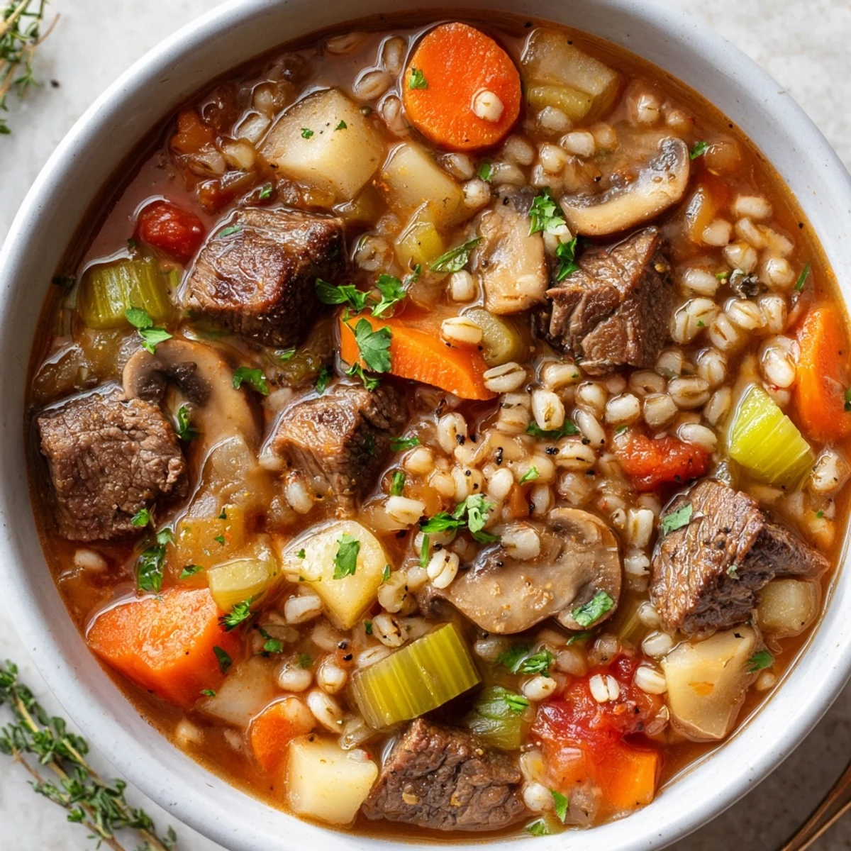Savory beef and barley soup bubbling with flavor, ideal for family gatherings.