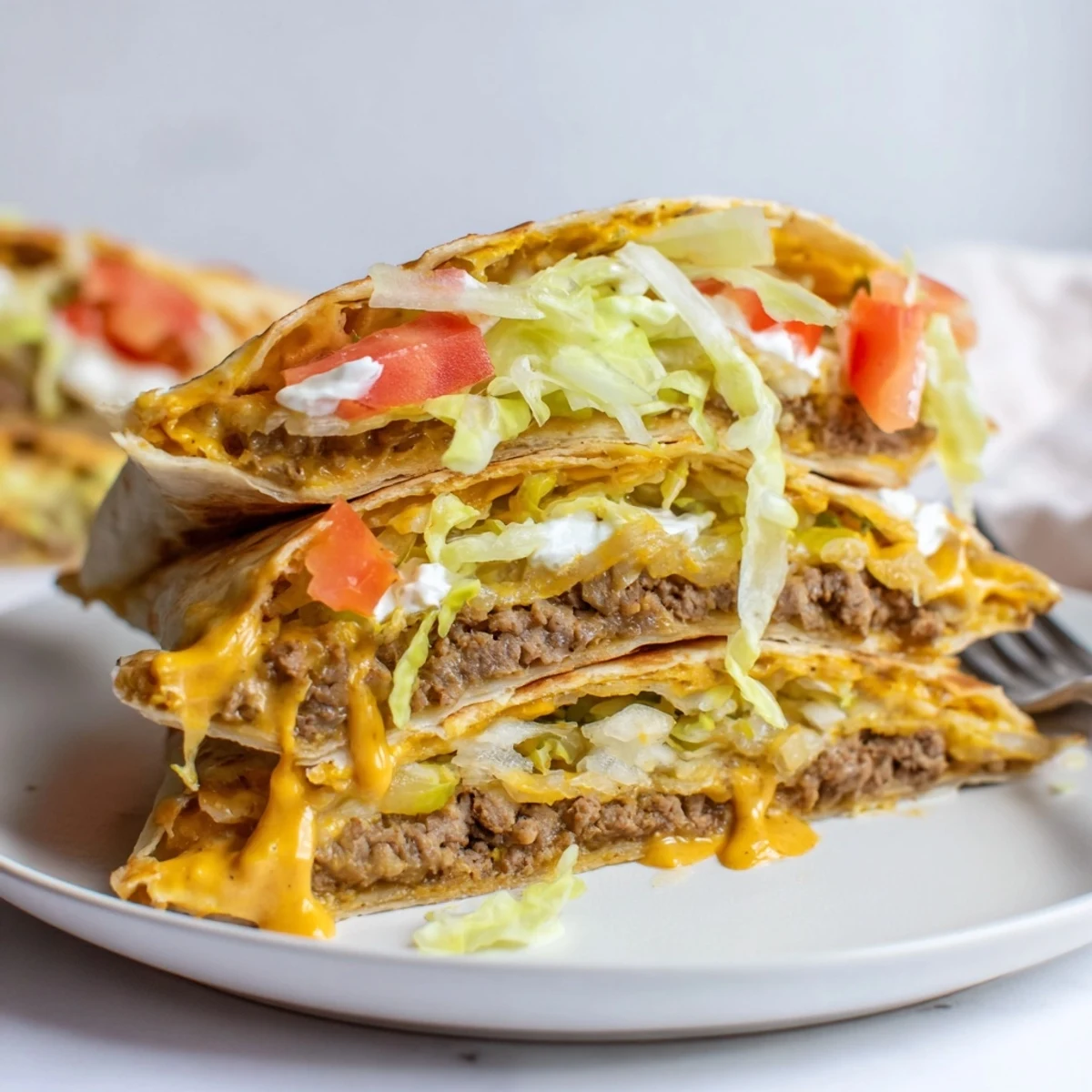 Sliced Crunchwrap Supreme Copycat showcasing vibrant lettuce, cheese, and crispy tostada layers.  
