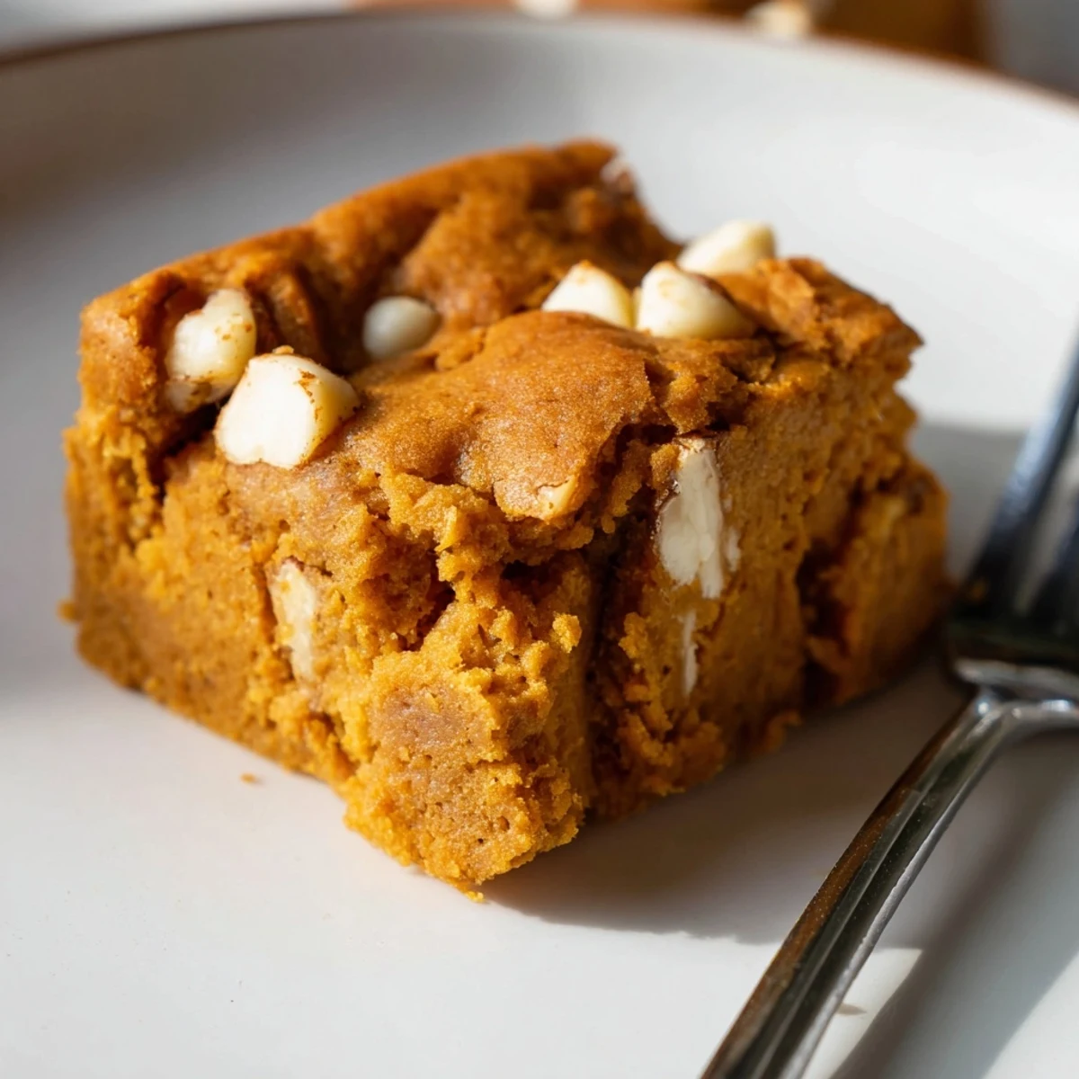 Moist pumpkin muffin blondie bars topped with creamy white chocolate and nuts.  
