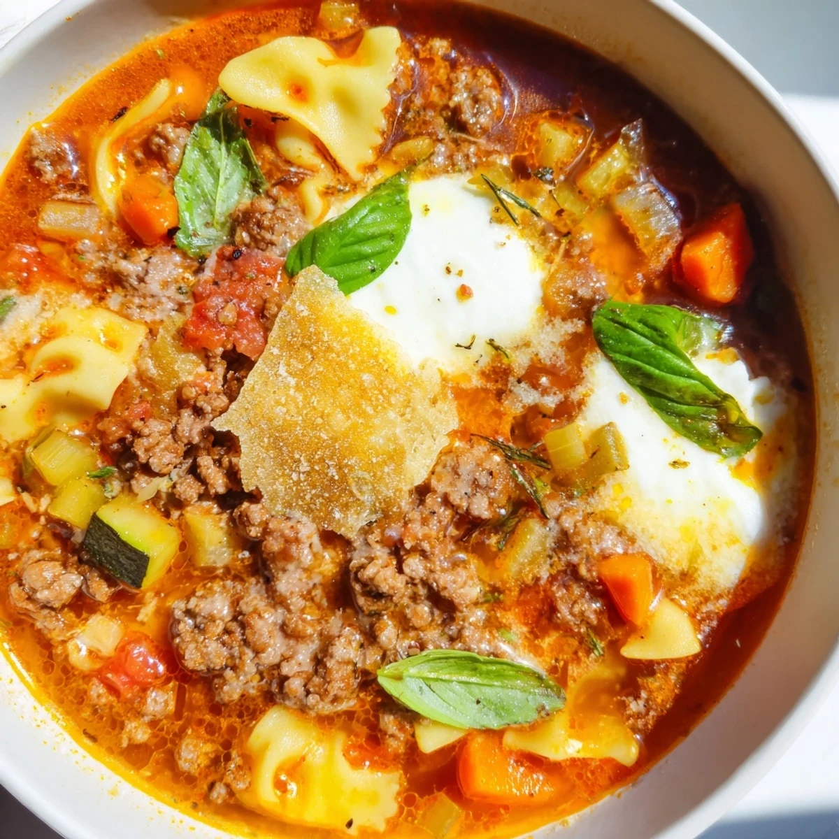 Hearty Lasagne Soup topped with golden Parmesan crisps and fresh basil garnish.  