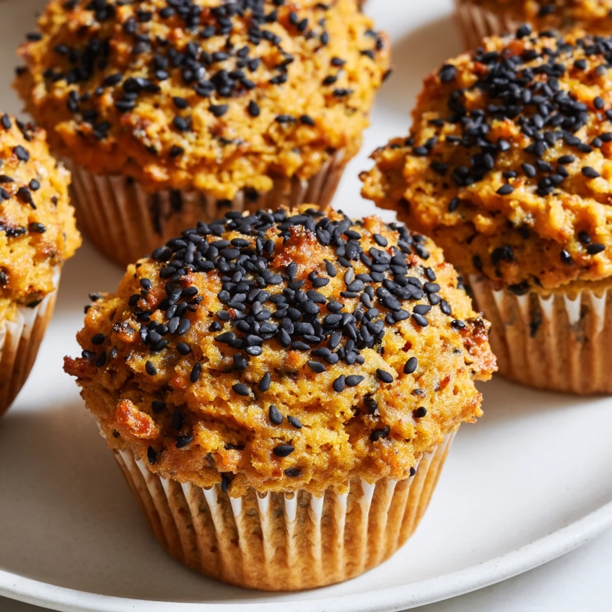 Moist Japanese Sesame Pumpkin Muffins topped with black sesame seeds for delightful flavor.  