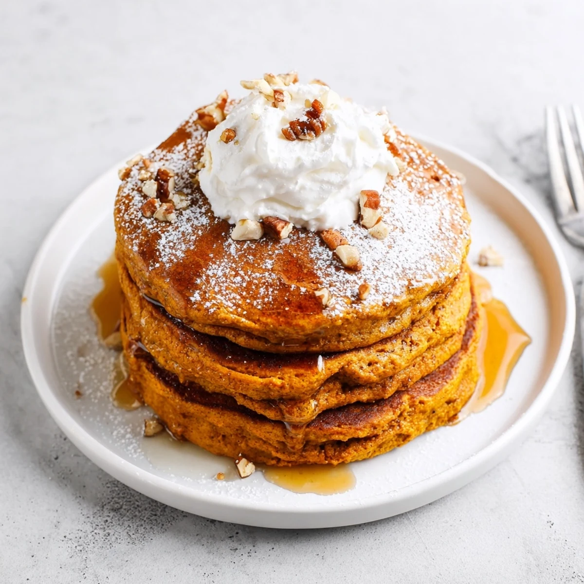 Fluffy Gingerbread Pumpkin Muffin Pancakes topped with maple syrup and whipped cream.  