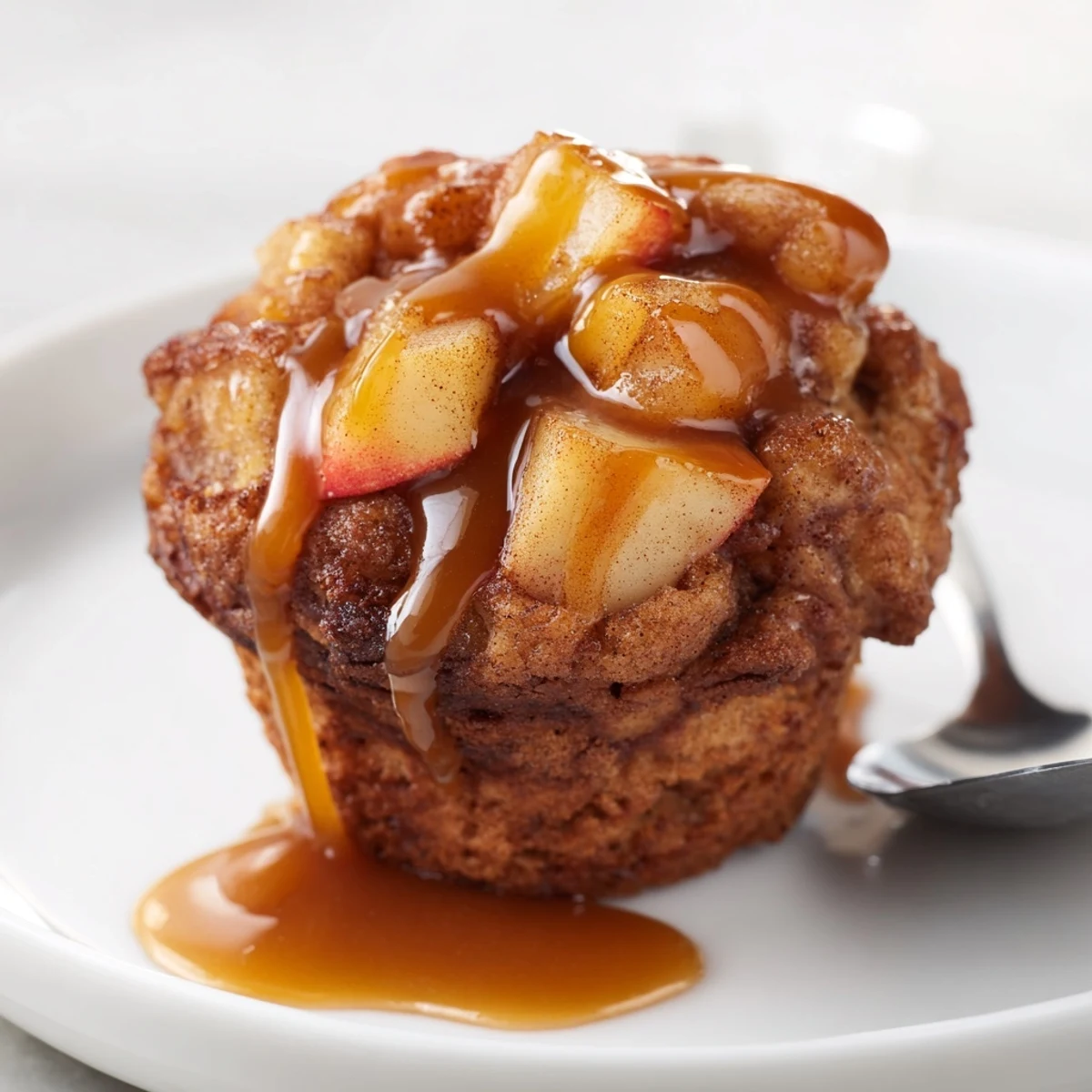 Moist Caramel Apple Fritter Muffin Cups drizzled with rich caramel sauce.  