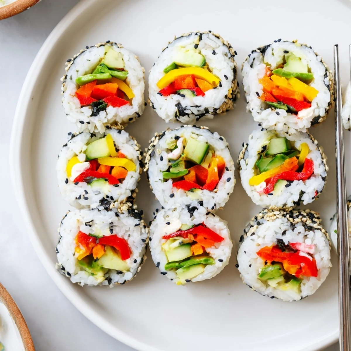 Bite-sized festive holiday snack sushi rolls packed with vibrant vegetables and flavors.  