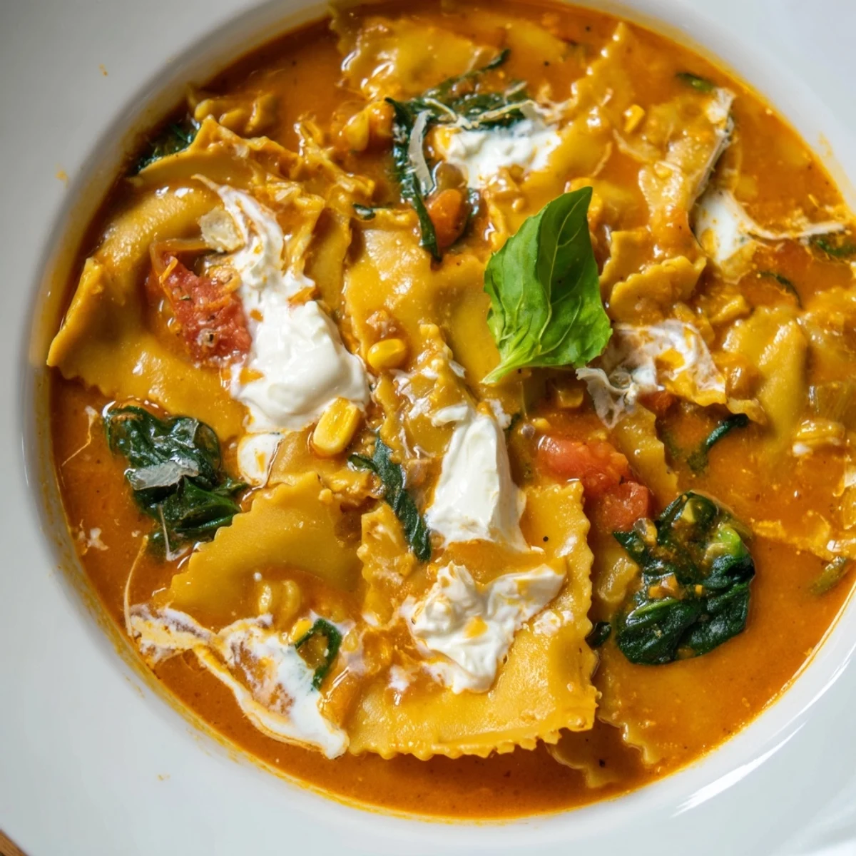 A steaming bowl of Lasagne Soup with Sweet Corn Masala topped with fresh herbs.  