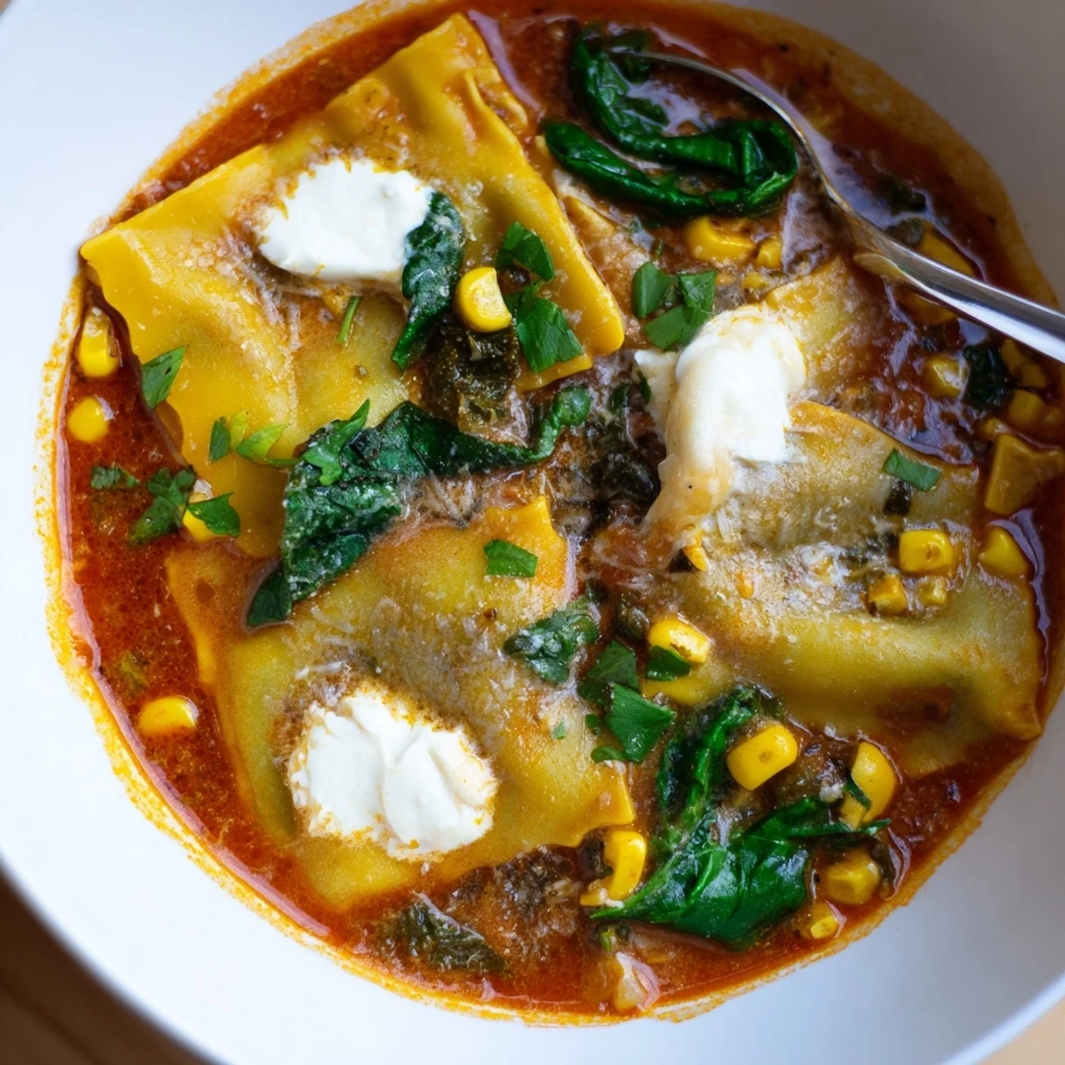 Colorful Lasagne Soup with Sweet Corn Masala nestled in a rustic soup bowl.