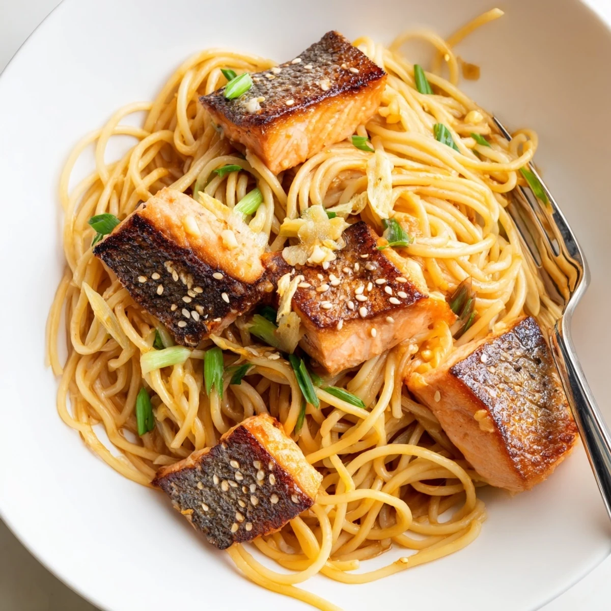 Crispy pan-seared salmon pasta topped with vibrant scallions and sesame seeds.  