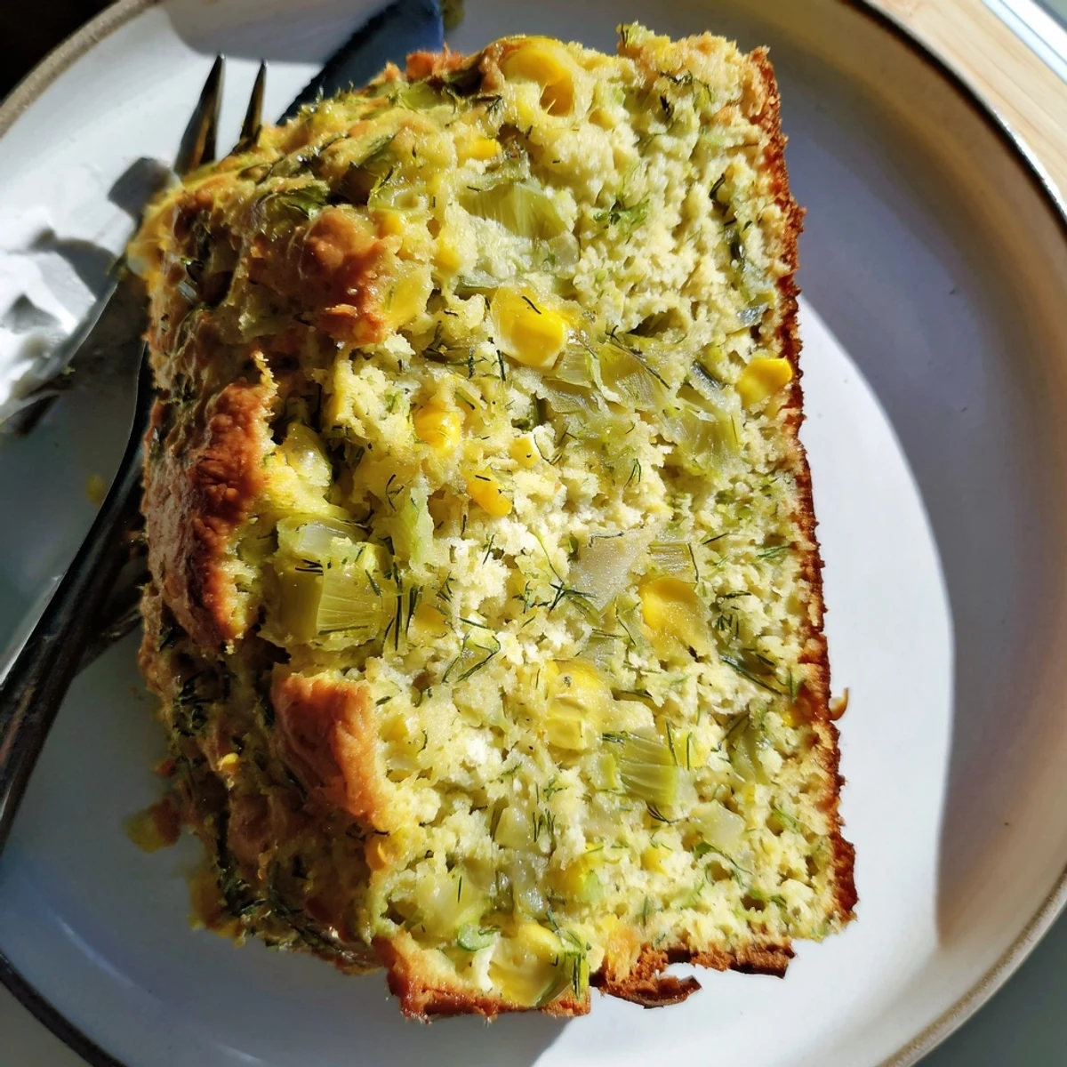 Savory Dill Pickle Sweet Corn Pancake Loaf, golden brown, perfect for brunch gatherings.  