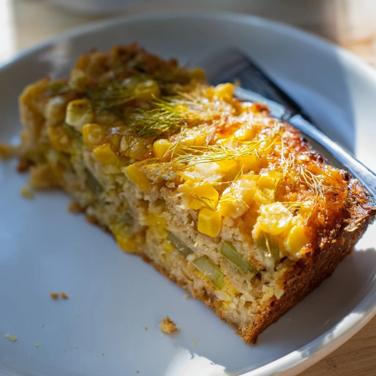 Warm slices of Dill Pickle Sweet Corn Pancake Loaf, drizzled with sour cream, delightful!