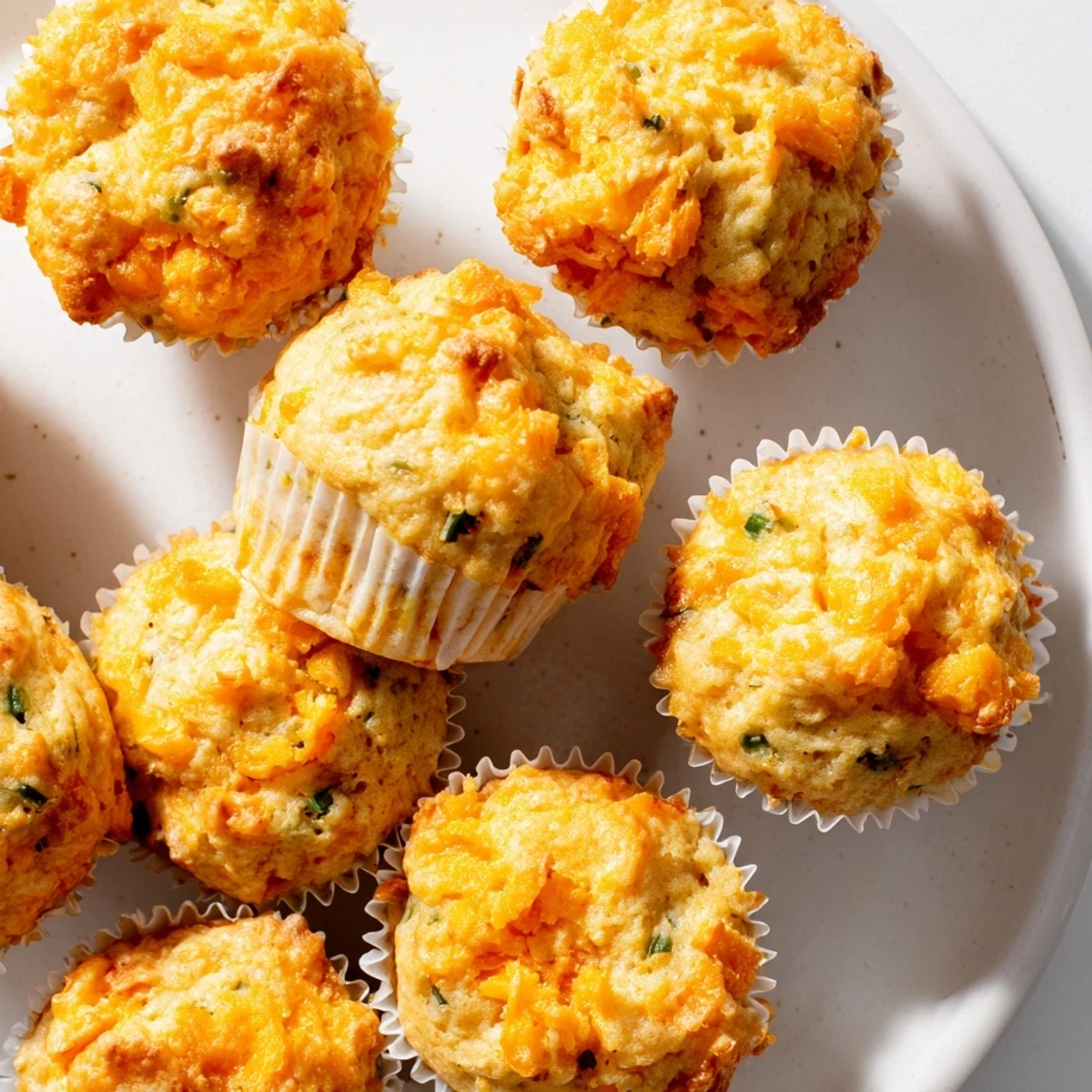 Savory Cheddar Jalapeño Sweet Potato Cass Muffins, golden brown and deliciously fluffy.  