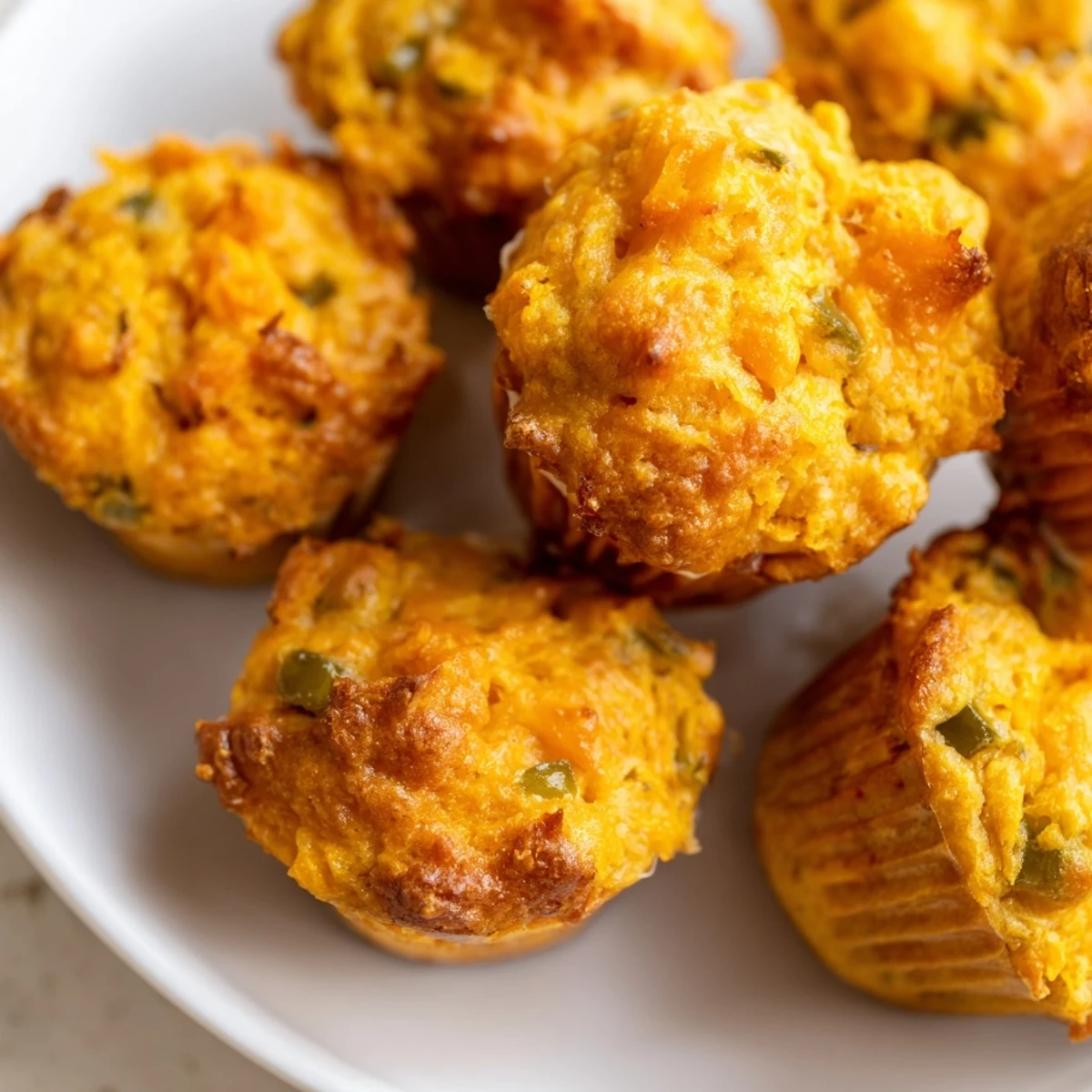 Freshly baked Cheddar Jalapeño Sweet Potato Cass Muffins, bursting with cheesy goodness and spice.  