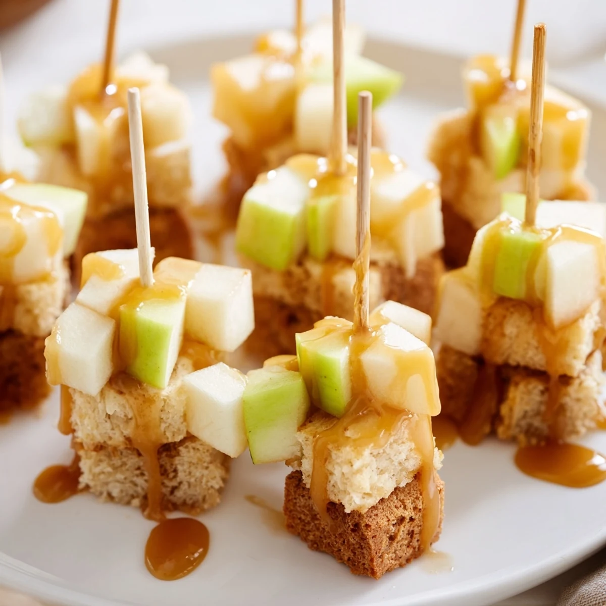 Tender Caramel Apple Cheddar Muffin Skewers drizzled with smooth caramel delight.