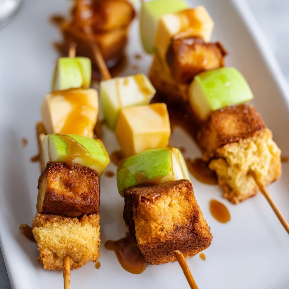 Colorful skewers of muffin, apple, and cheddar showcasing sweet and savory flavors.