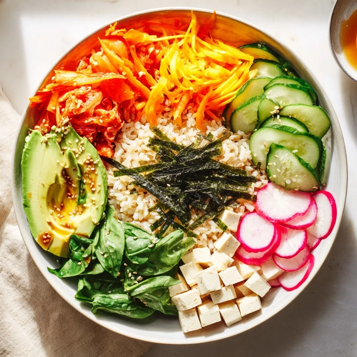 A colorful Fermented Vegetable Bowl filled with kimchi, fresh veggies, and grains.  