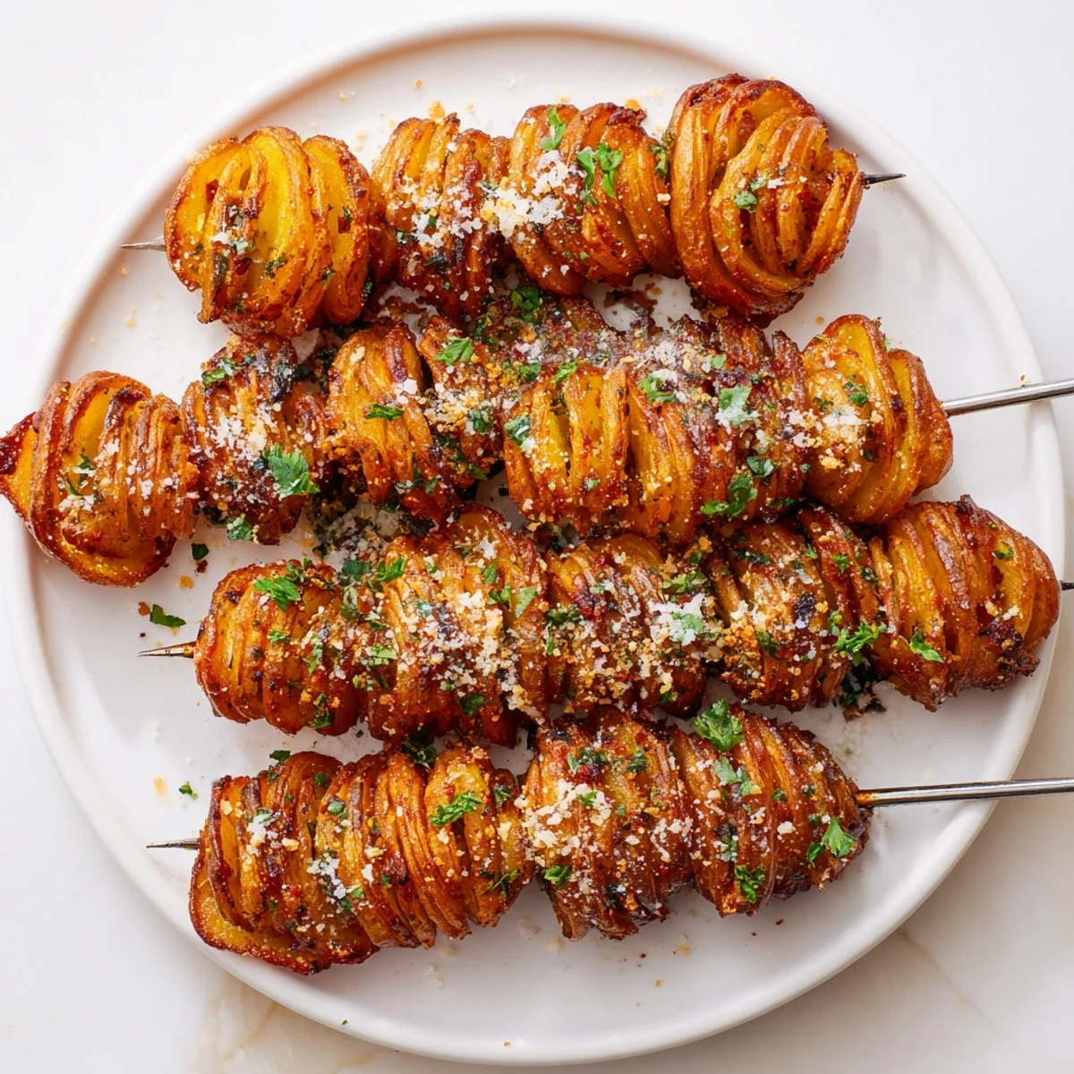 Crispy air-fryer tornado potatoes seasoned with garlic and smoked paprika on skewers.  