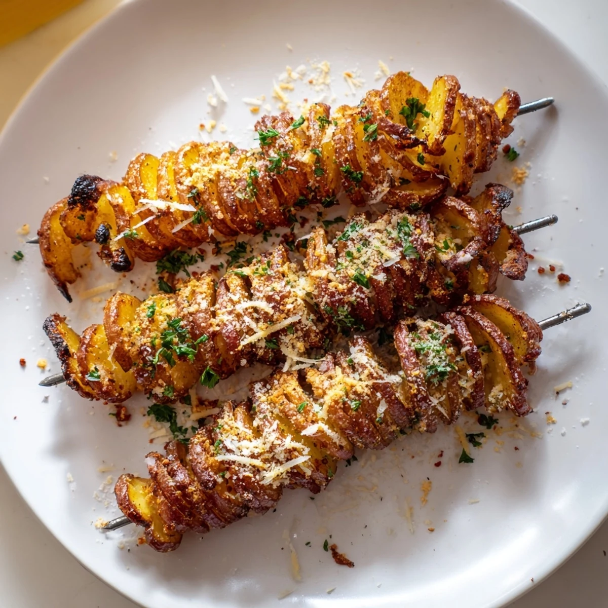 Healthy and fun air-fryer tornado potatoes, golden brown and garnished with Parmesan.  