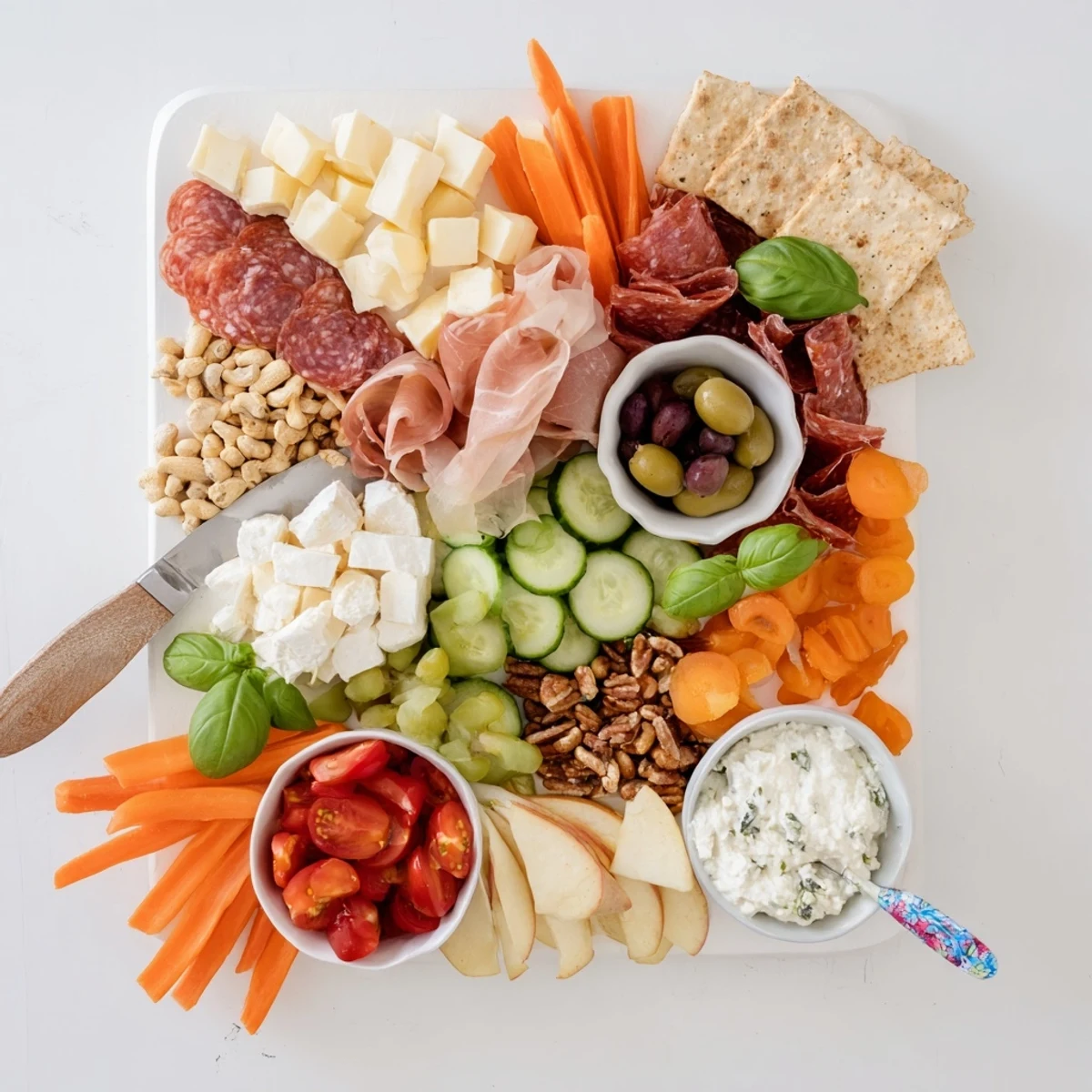 A vibrant girl dinner platter with cheeses, fruits, and colorful snacks.  