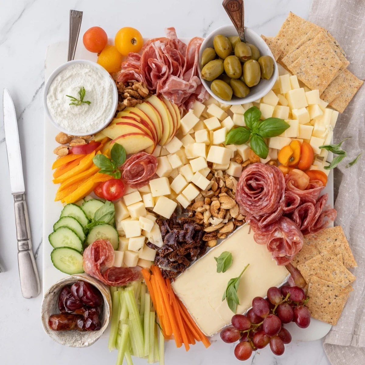 Delightful girl dinner platter featuring dips, veggies, and gourmet cheese selections.  