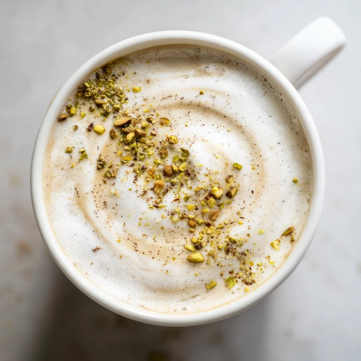 Homemade pistachio milk latte, fragrant and nutty, perfect for afternoon sipping.  