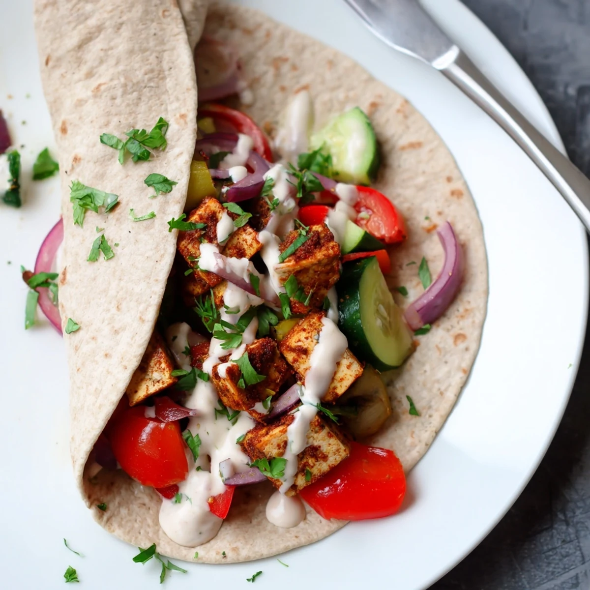 Vibrant vegan viral recipe remake featuring roasted tofu and fresh vegetables in wraps.  