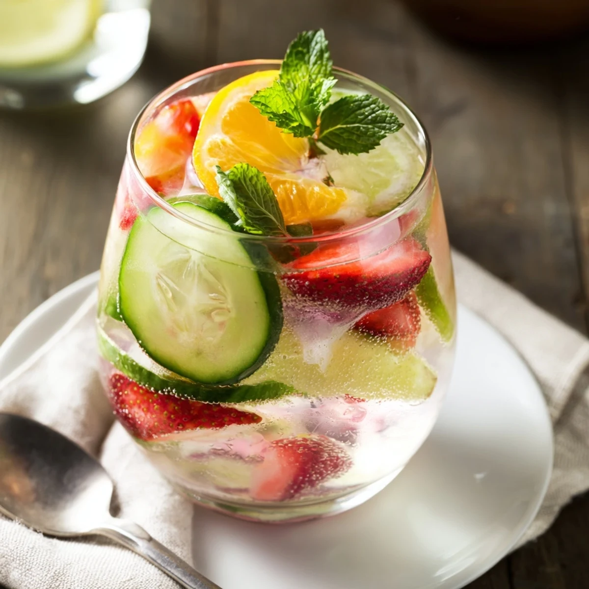 Refreshing Water-Based Mocktails with fresh fruit and mint garnish on ice.  