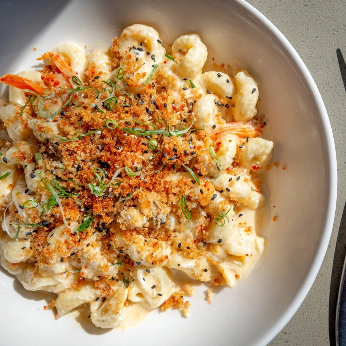 Delicious Spicy Kimchi Mac & Cheese topped with crunchy sesame for extra flavor.  