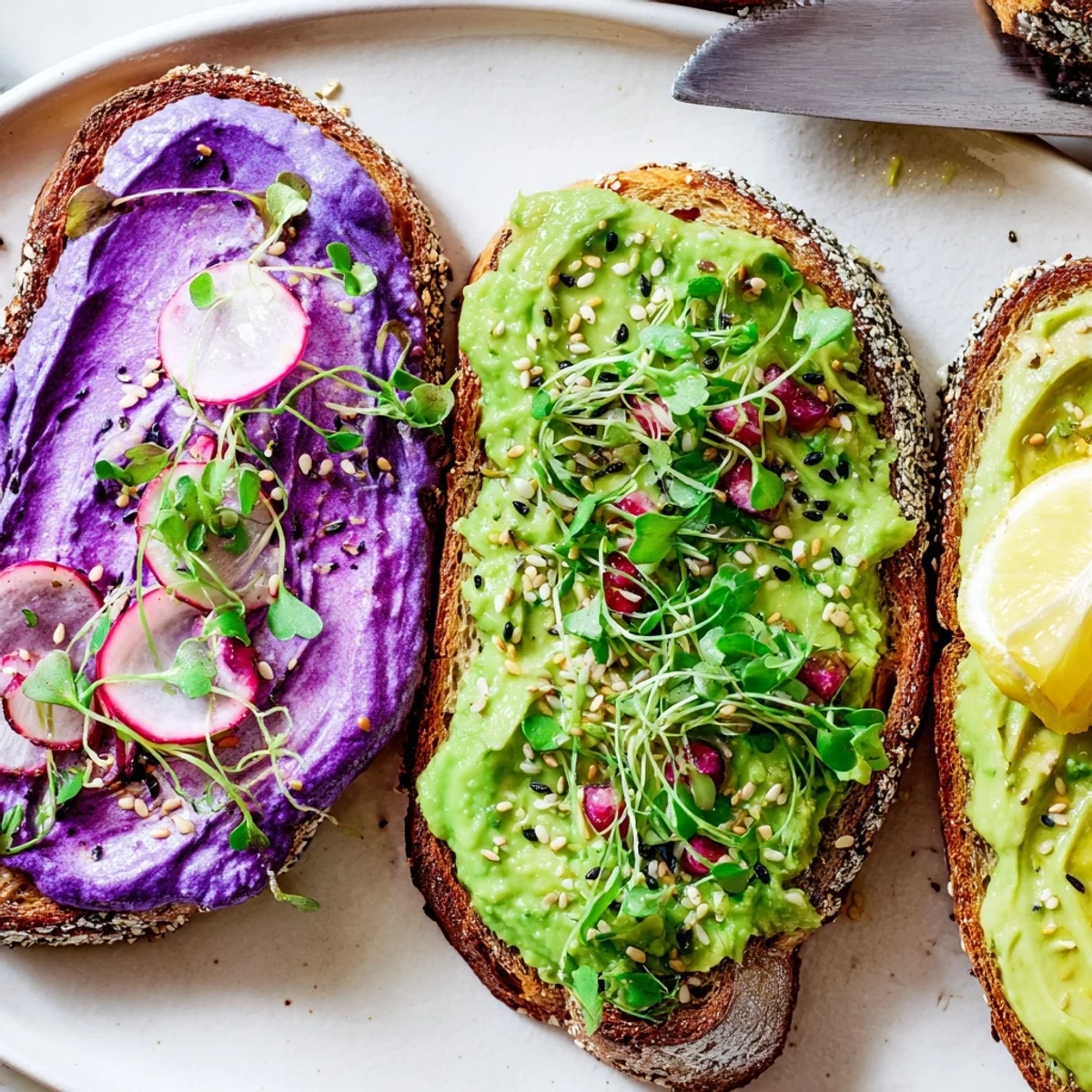 Vibrant Bright & Bold Breakfast Toasts topped with ube spread and fresh herbs.  