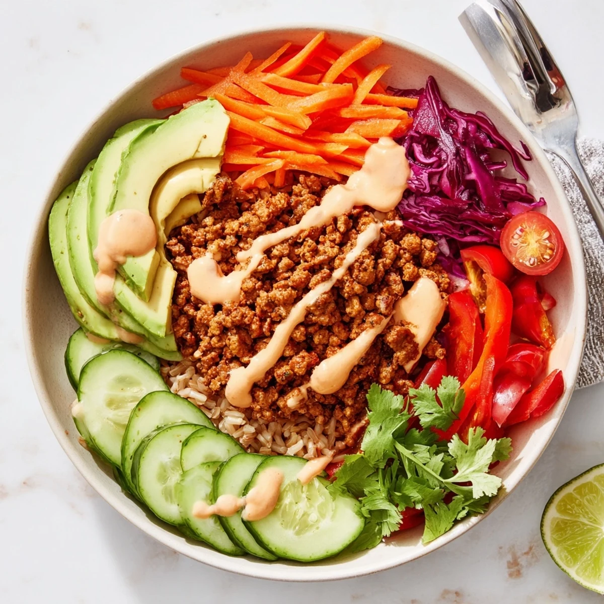 Vibrant plant-based meat bowl with fresh veggies and zesty sauce, perfect for dinner.  