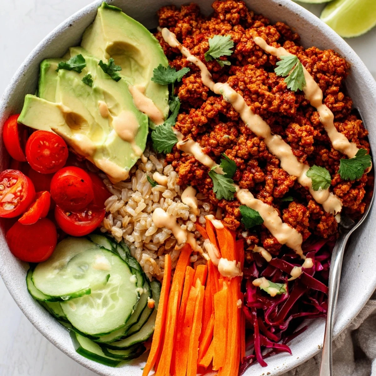 Colorful plant-based meat bowl topped with avocado, tomatoes, and spicy mayo drizzle.  