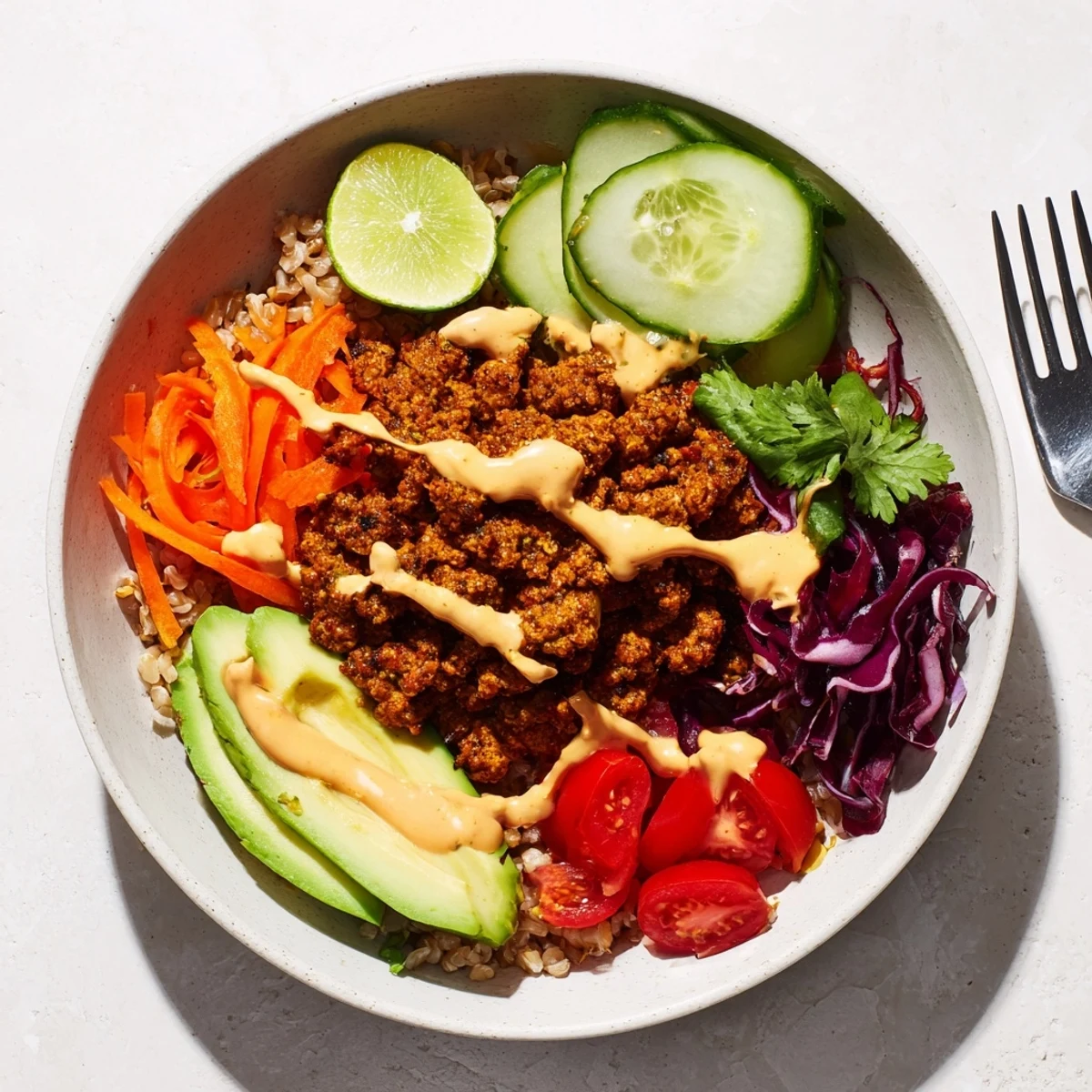 Delicious plant-based meat bowl featuring quinoa, carrots, and a tangy lime dressing.