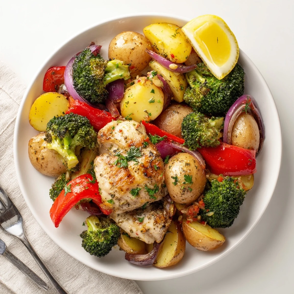 Delicious Lazy Gourmet Chicken & Vegetable One-Pot served with fresh parsley and zesty lemon.