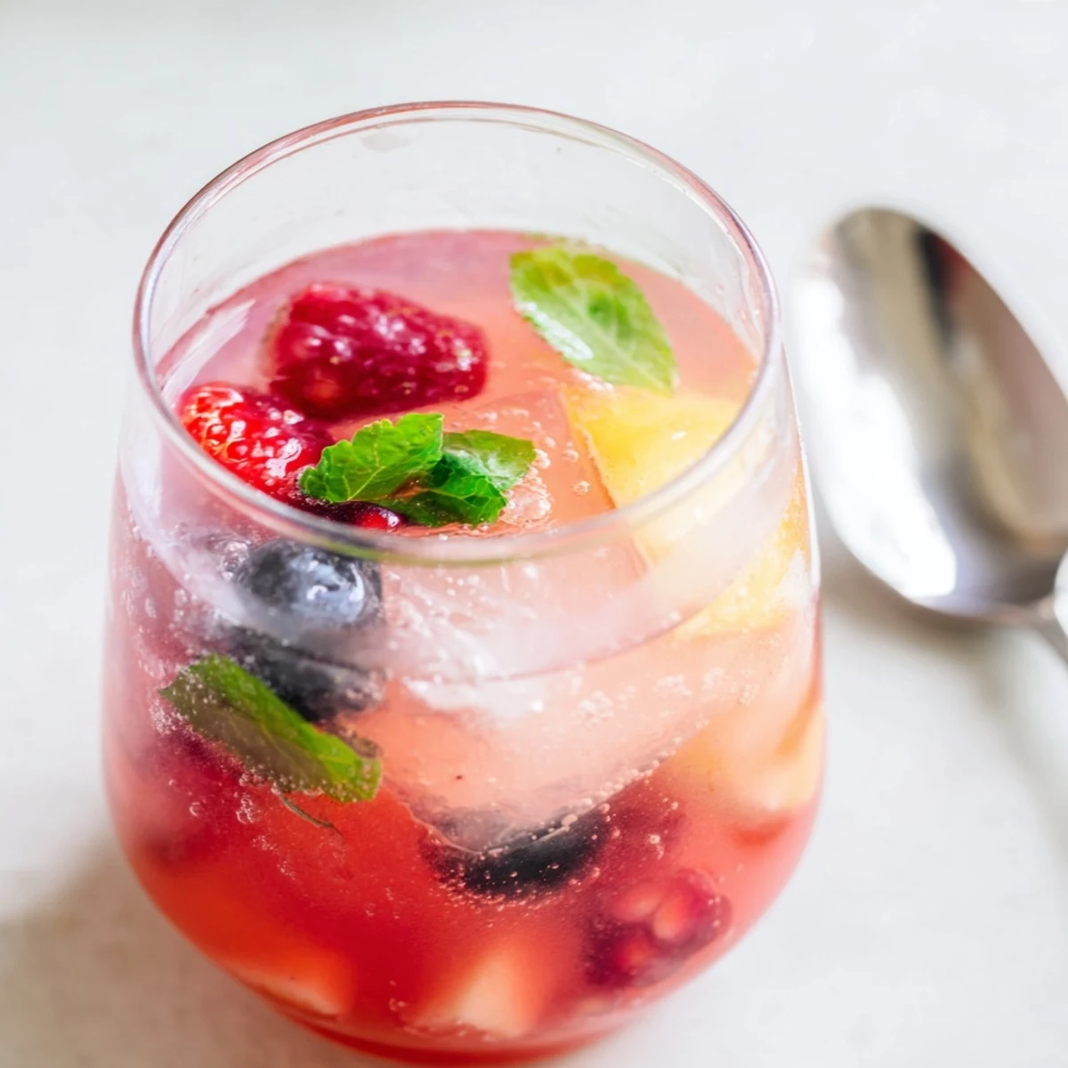 Glass jar filled with colorful Kombucha-style mocktails, featuring vibrant fruits and herbs inside.
