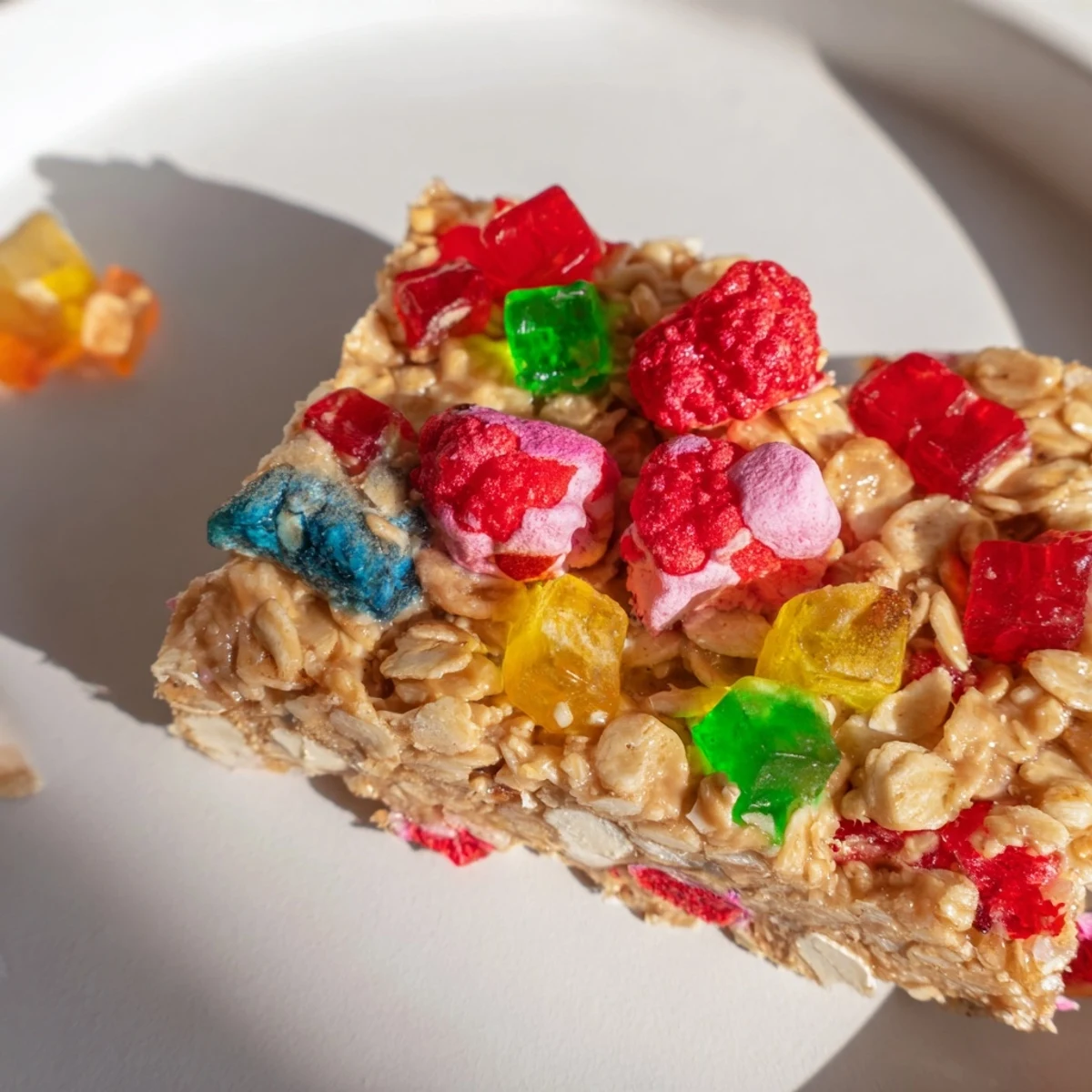Deliciously vibrant homemade gummies atop a wholesome oat base DIY snack bar creation.  