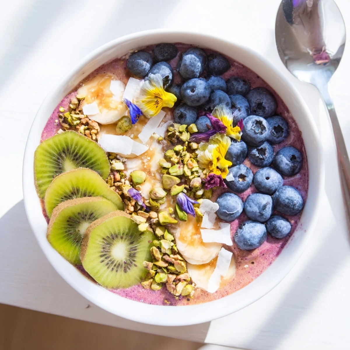 Colorful vibrant smoothie bowls with pistachio and purple yam for a nutritious breakfast.  
