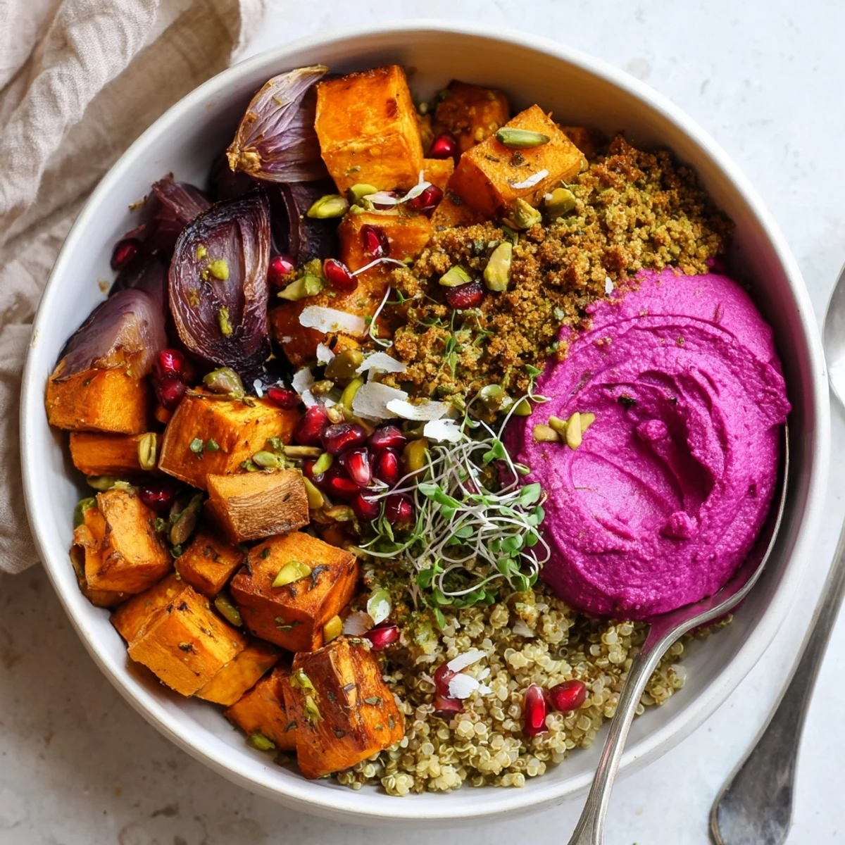 A vibrant Spiced Winter Bowls dish featuring roasted veggies and ube-coconut purée.  