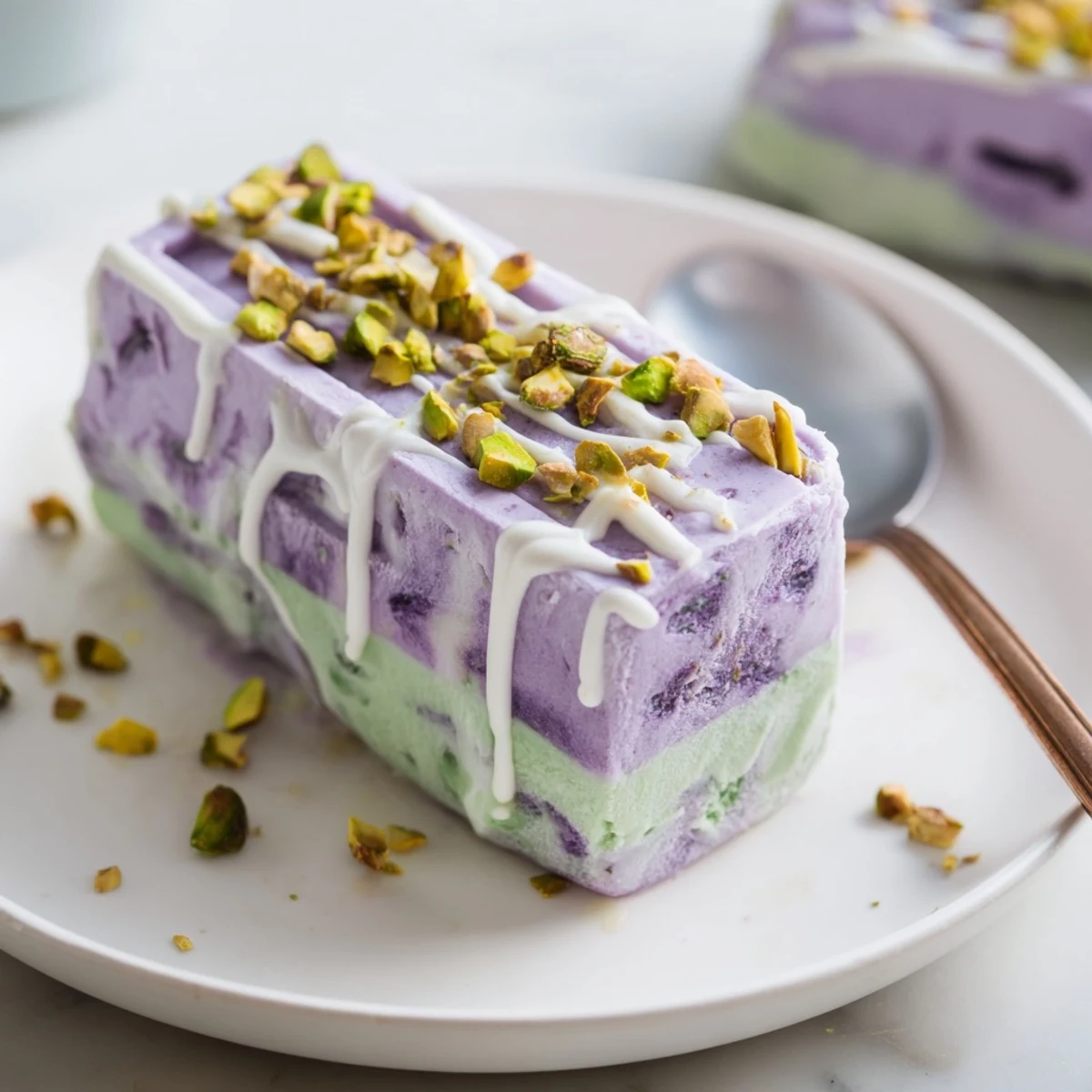 Creamy ube and pistachio ice cream bars with vibrant colors and textures.  