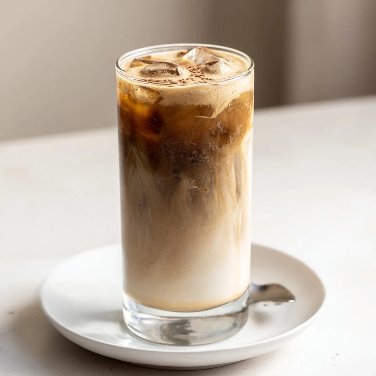 Chilled tahini iced coffee topped with plant-based milk, ideal for caffeine lovers.