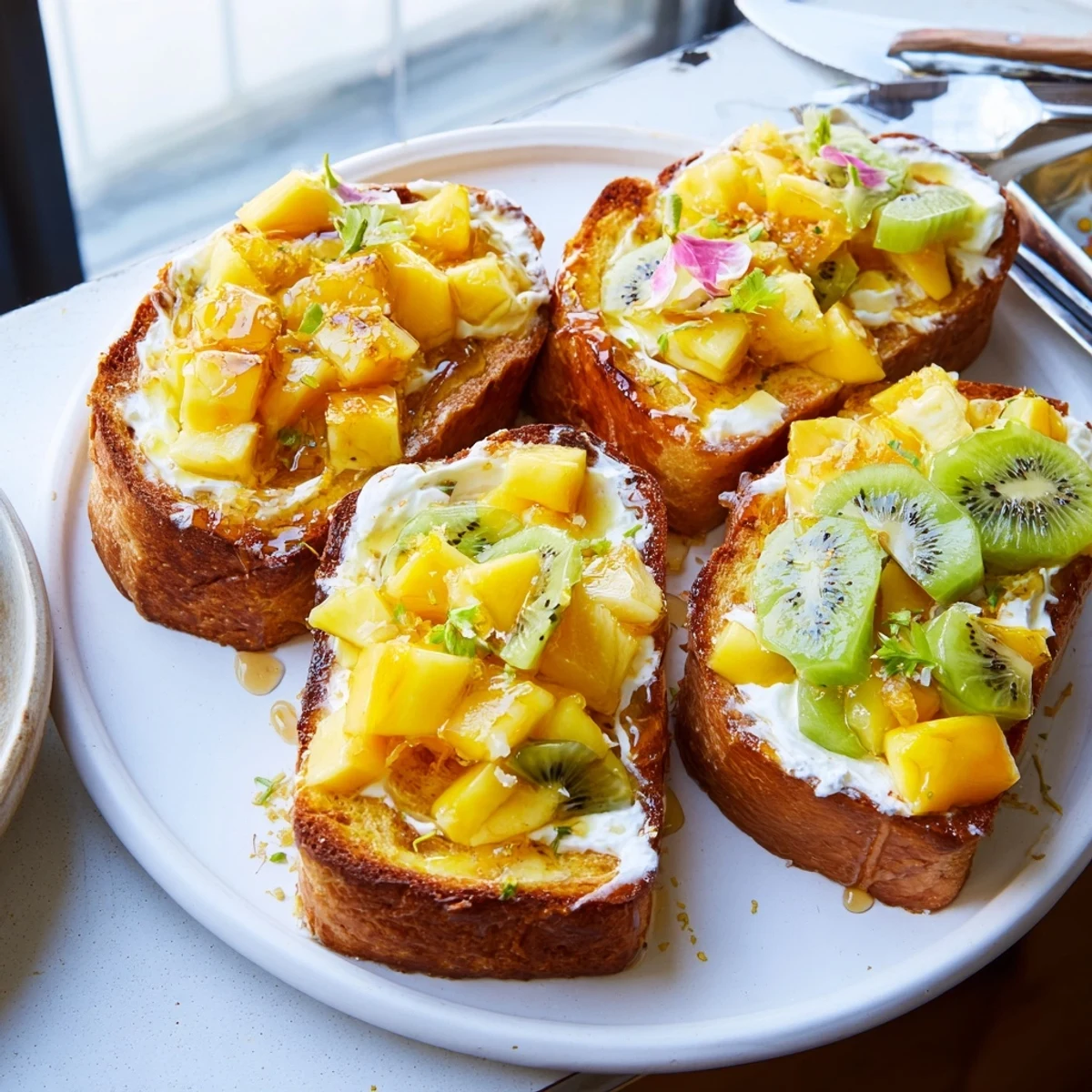 Creamy yogurt-custard toast topped with vibrant tropical fruits for a delicious breakfast.  