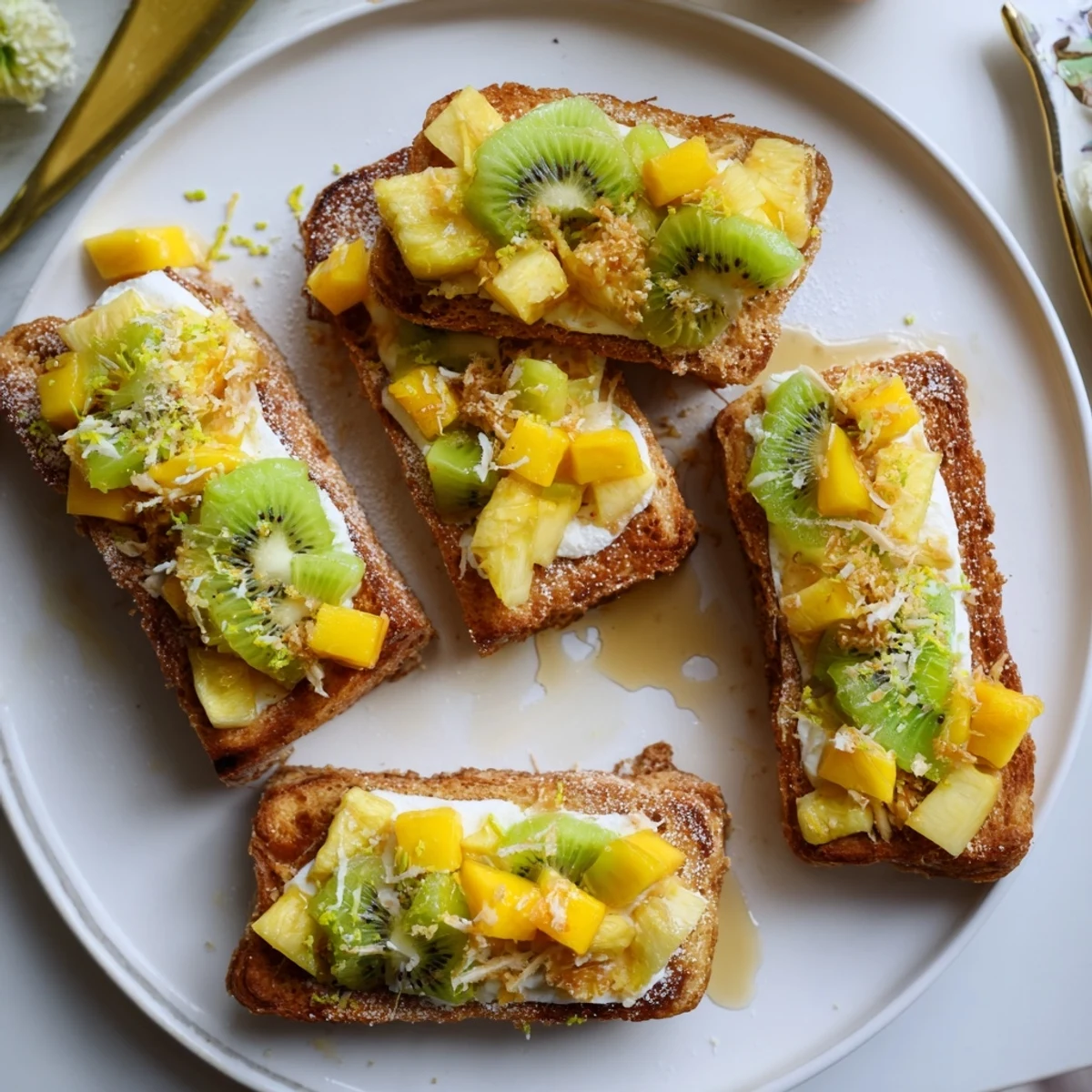Indulge in this yogurt-custard toast, featuring mango and kiwi for a bright brunch.  