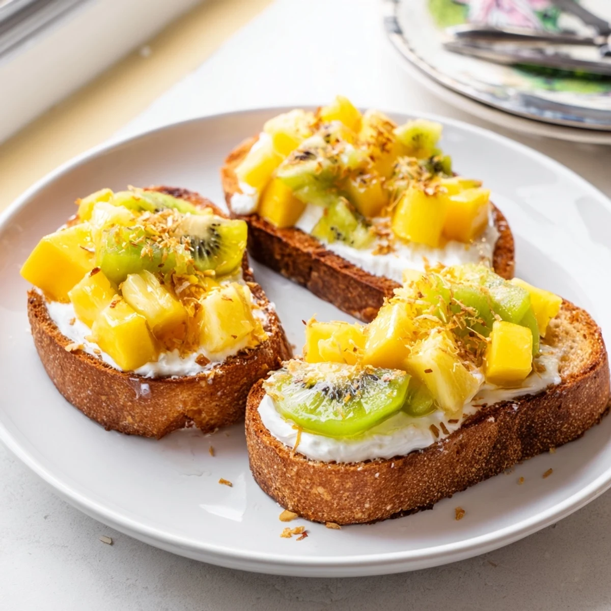Luxurious yogurt-custard toast, bursting with pineapple and coconut for a delightful morning treat.