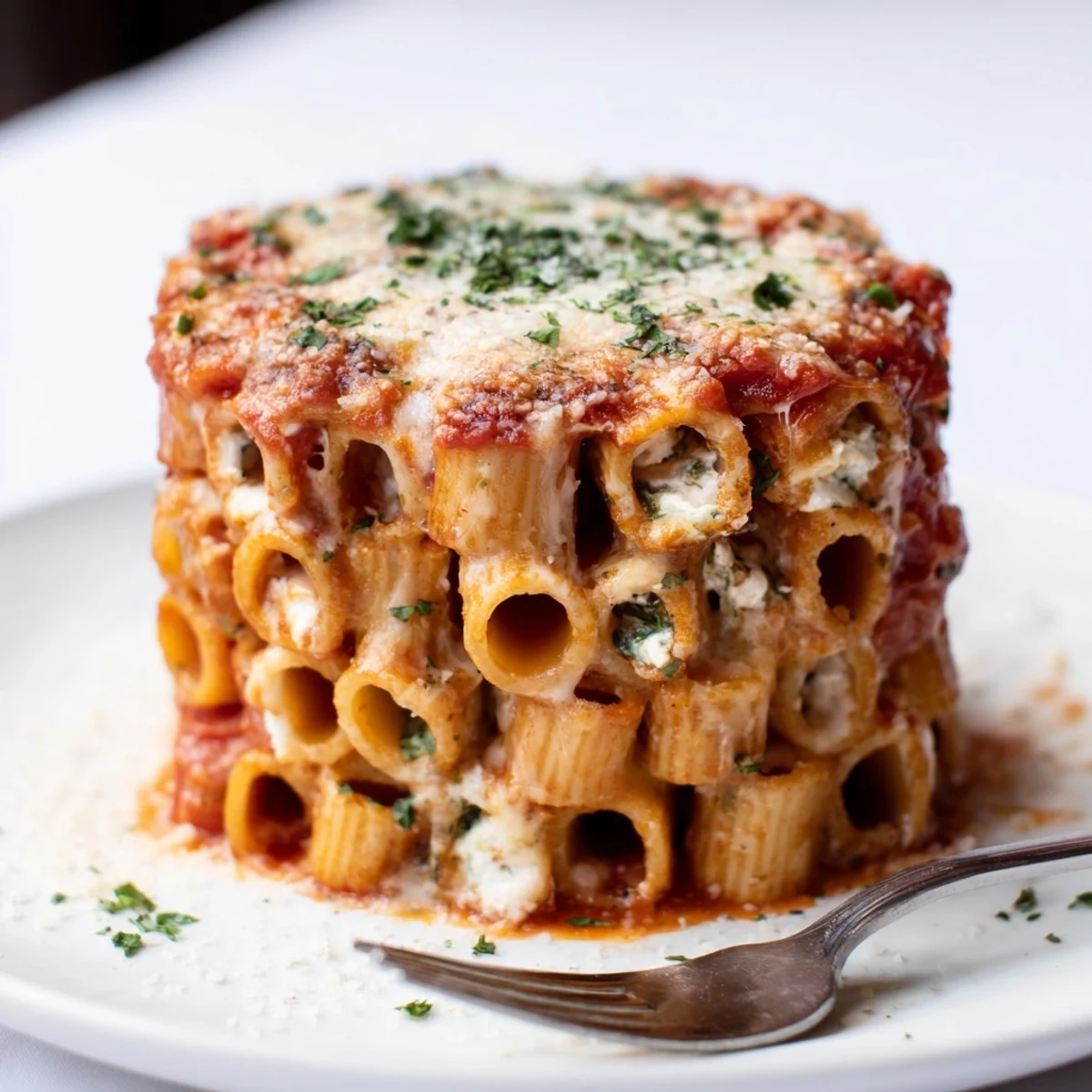 Impressive Honeycomb Pasta Cake featuring upright rigatoni filled with savory tomato and cheese.