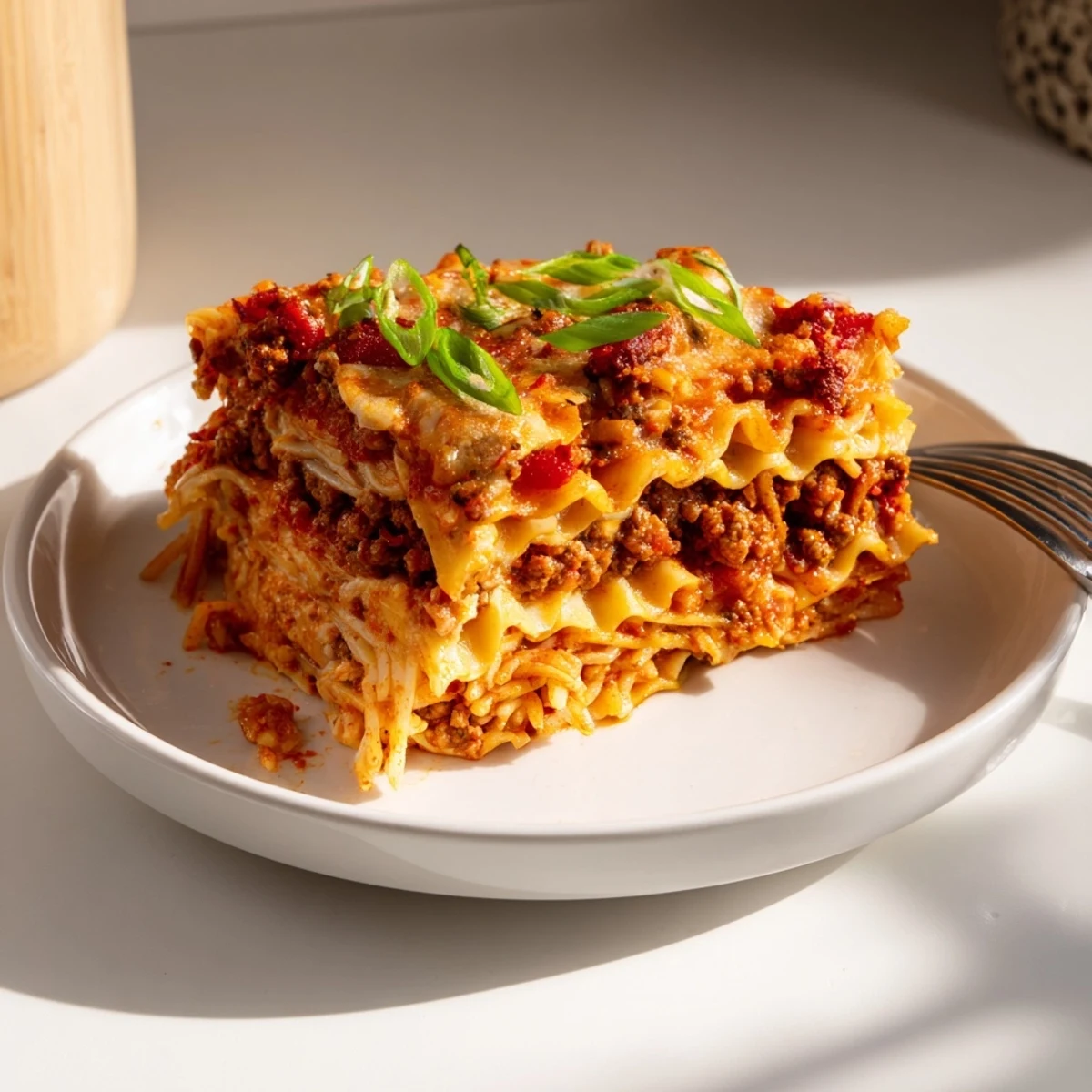 Comforting spicy ramen lasagna, featuring vibrant layers of flavorful meat sauce and noodles.