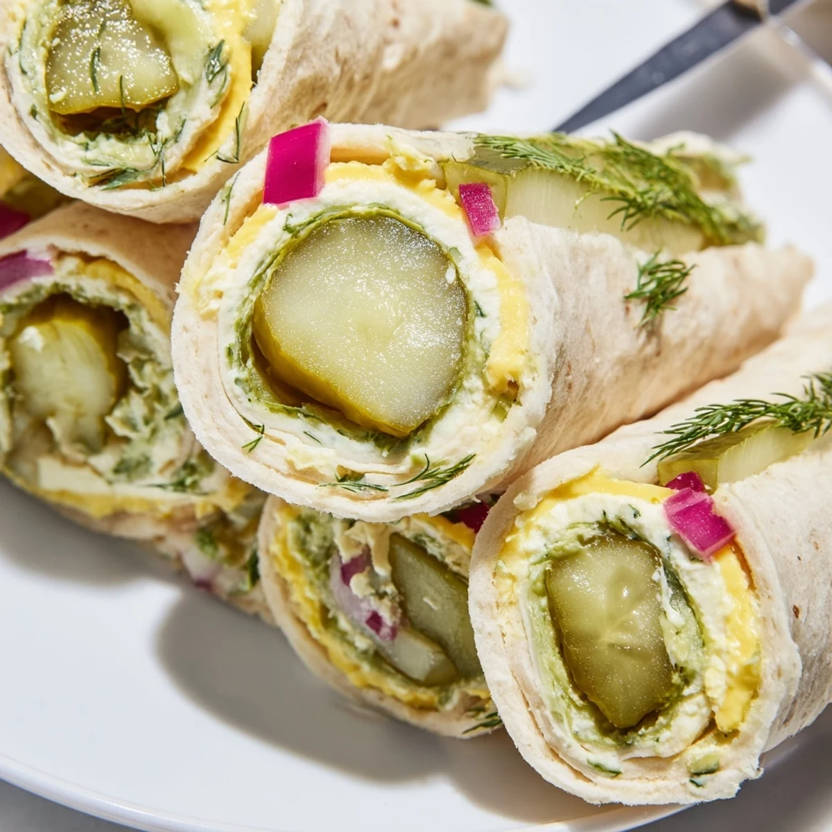 Crisp Pickle-in-a-Blanket rolls filled with creamy cheese and fresh dill.