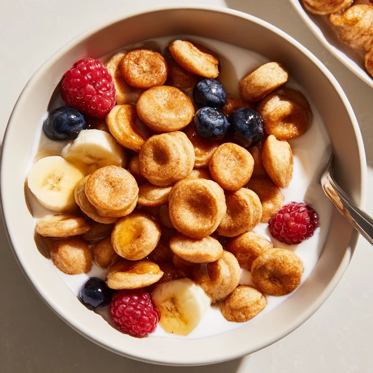Adorable mini pancake cereal served with fresh berries and warm syrup.  