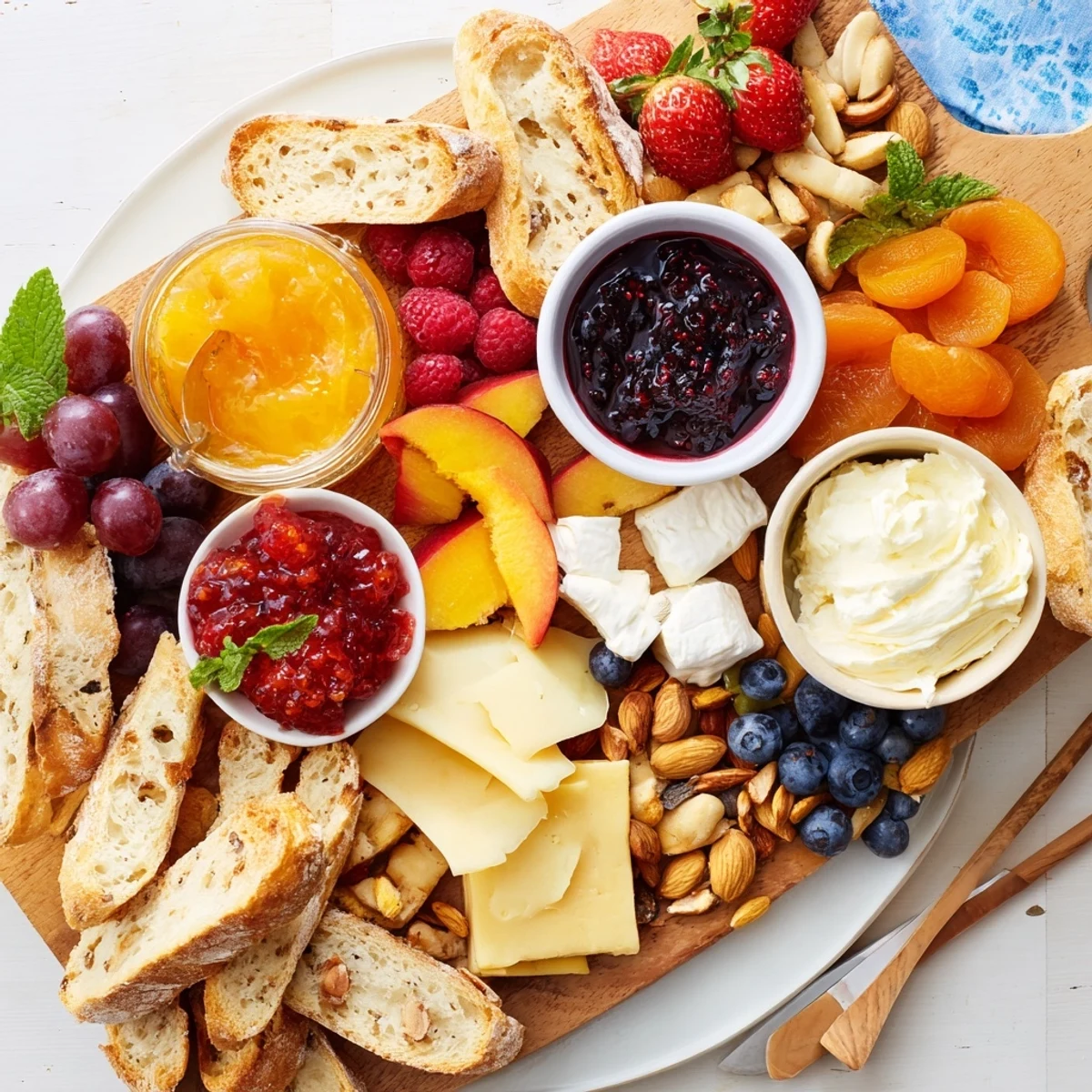 A colorful jam-infused brunch board with cheeses, fruits, and artisan breads.  